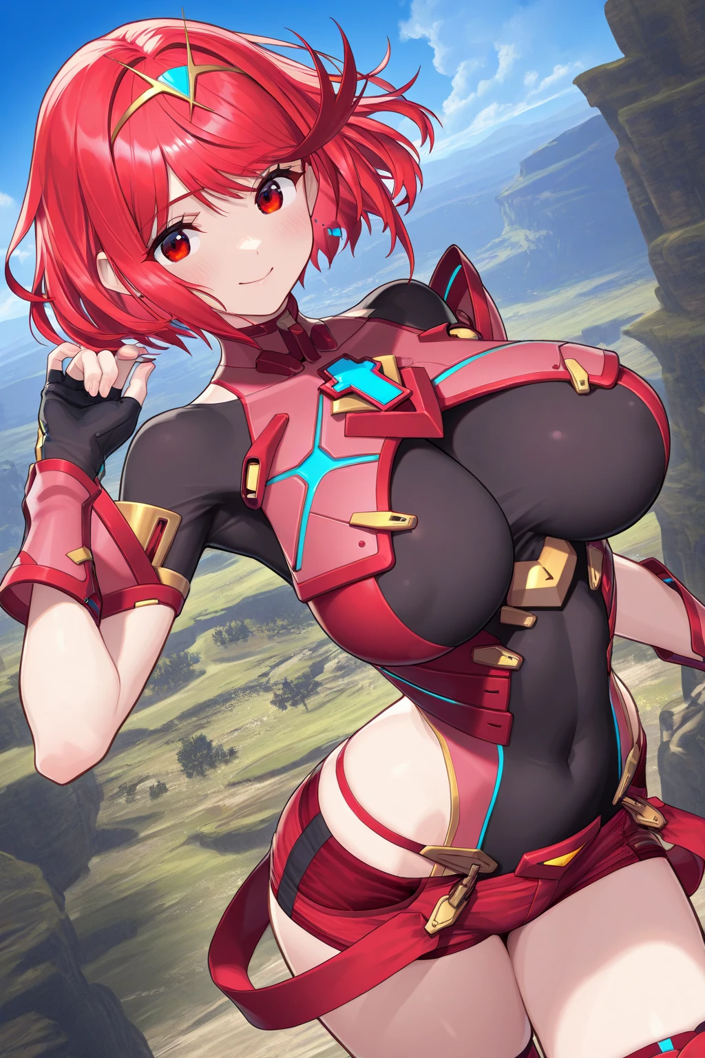 pyra \(xenoblade\), teen_1girl, , bangs, black gloves, breasts, red eyes, shout, earrings, eyelashes, fingerless gloves, floating hair, , gem, gloves, hair ornament, headpiece, jewelry, gigantic_breasts, leaning back, swimsuit, neon trim, official art, pose, red hair, saitou masatsugu, short hair, sidelocks, skin tight, solo, swept bangs, thighhighs, tiara, fantasy_town_background, underbust, xenoblade chronicles \(series\), (xenoblade chronicles 2), (:1.1), fire_effect,dynamic_pose,fighting,light_smile, (plump:1.1), big_ass,huge_sword, hold_large_sword_hilt, covered_, covered_, fists,ponytail,beautiful_fingers,(solo:1.1), _shoulder,(shoulder_:1.2), _jewel,back, back_view, focus_ass,ass, (very_short＿shorts:1.3),(lise_leg:1.4)