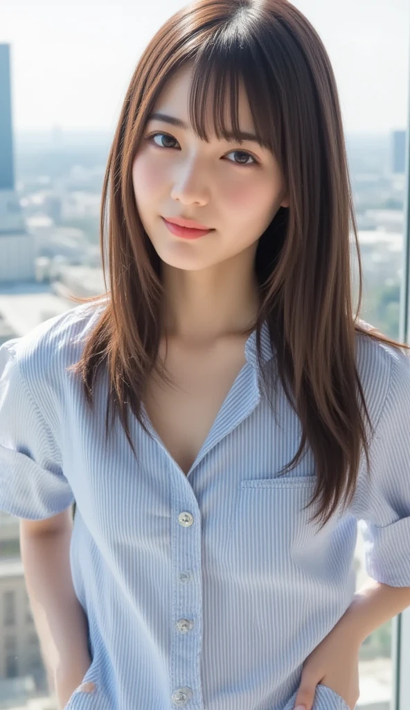 ((Highest quality, 8K, masterpiece :1.3)), Sharp focus :1.2, Beautiful woman with perfect figure :1.4, Slim Abs :1.2, ((Dark brown hair, Big Breasts :1.2)), (White button-up long shirt :1.1), City Street:1.2, Highly detailed face and skin texture, Fine grain, double eyelid 