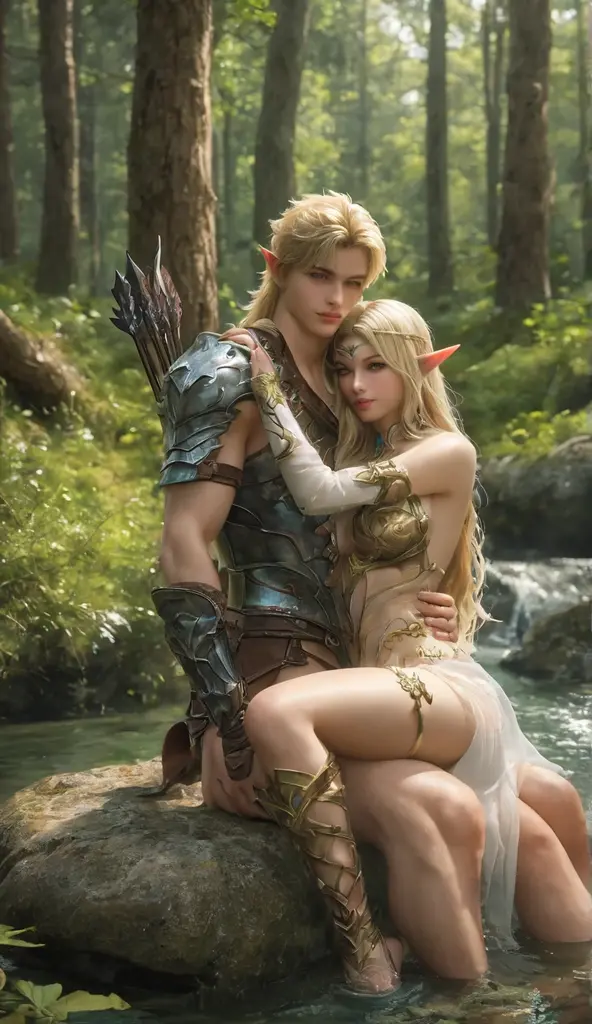 tmasterpiece，A high resolution,Absolutely beautiful，Elven women，Mature atmosphere，a mature female，Fine and detailed eyes and detailed face，Tall and tall，Long stature，long leges、Long arms，It has elven pointed ears，Wear forest clothing，Over-the-knee boots，over knee socks，（Tall：1.4），Rich scene detail，inside a forest，are standing，action，（Wide buttock：1.4），（Thick thighs：1.4）, (2girls, kiss, eye contact:1.2).