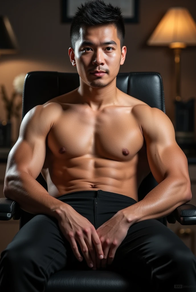 The whole body of a young Korean boy with a cute and handsome face, nice black hair and a sharp nose and bright white skin. with a slim, disabled body in an electric wheelchair with a headrest and support for both legs.  realistic