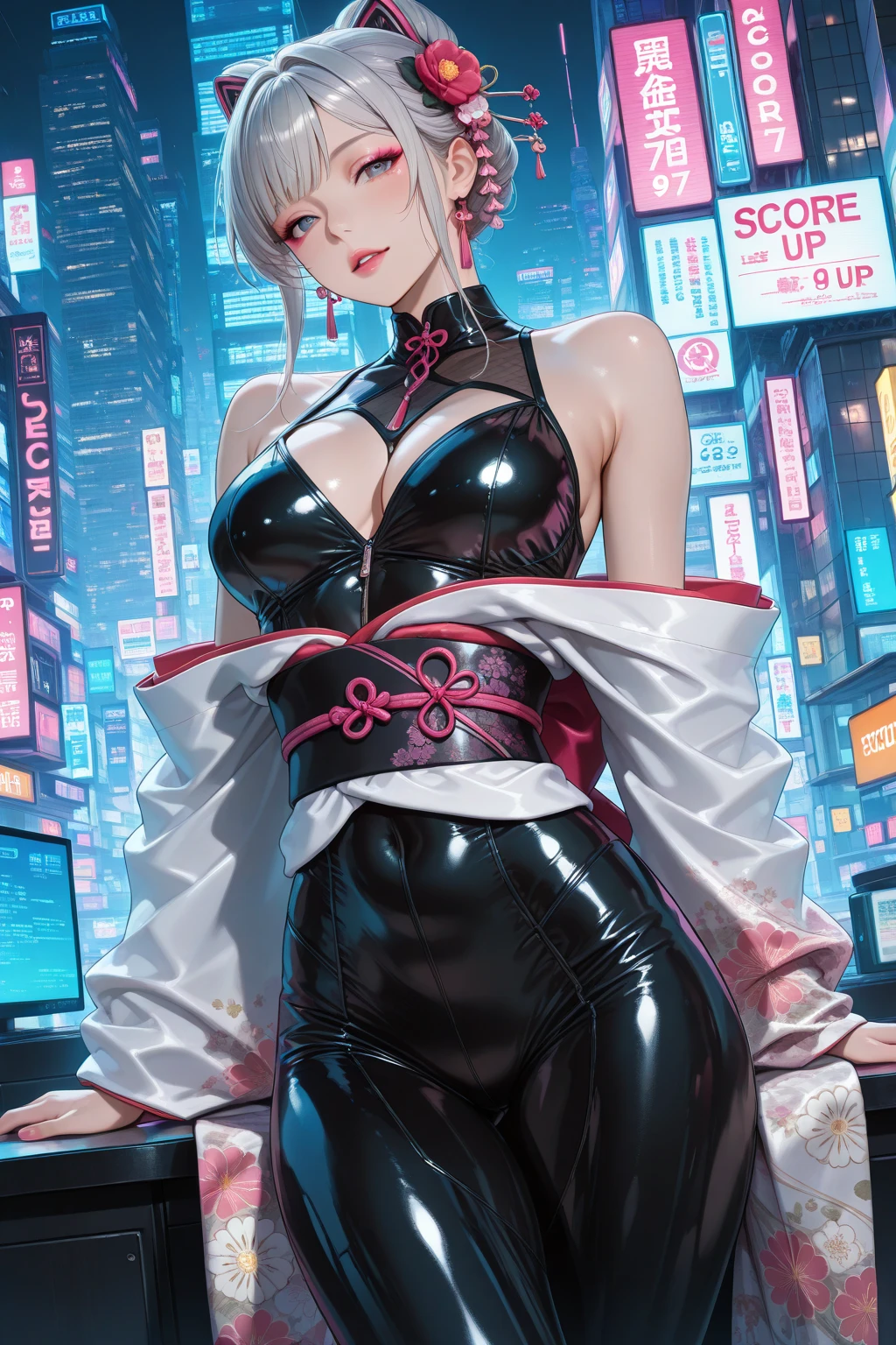 lucy \(cyberpunk\), 1girl,  hair scrunchie, hime cut, silver hair, colored tips, full moon, grey eyes, jacket, long sleeves, (looking at viewer), medium hair, multicolored hair, parted bangs, parted lips, pink hair, red eyeliner, red lips, solo, white jacket, cyberpunk \(series\), rainy night in a cyberpunk city with glowing neon lights,from below, (sitting with knees up pose:1.3),(thicc:1.2), perfect body