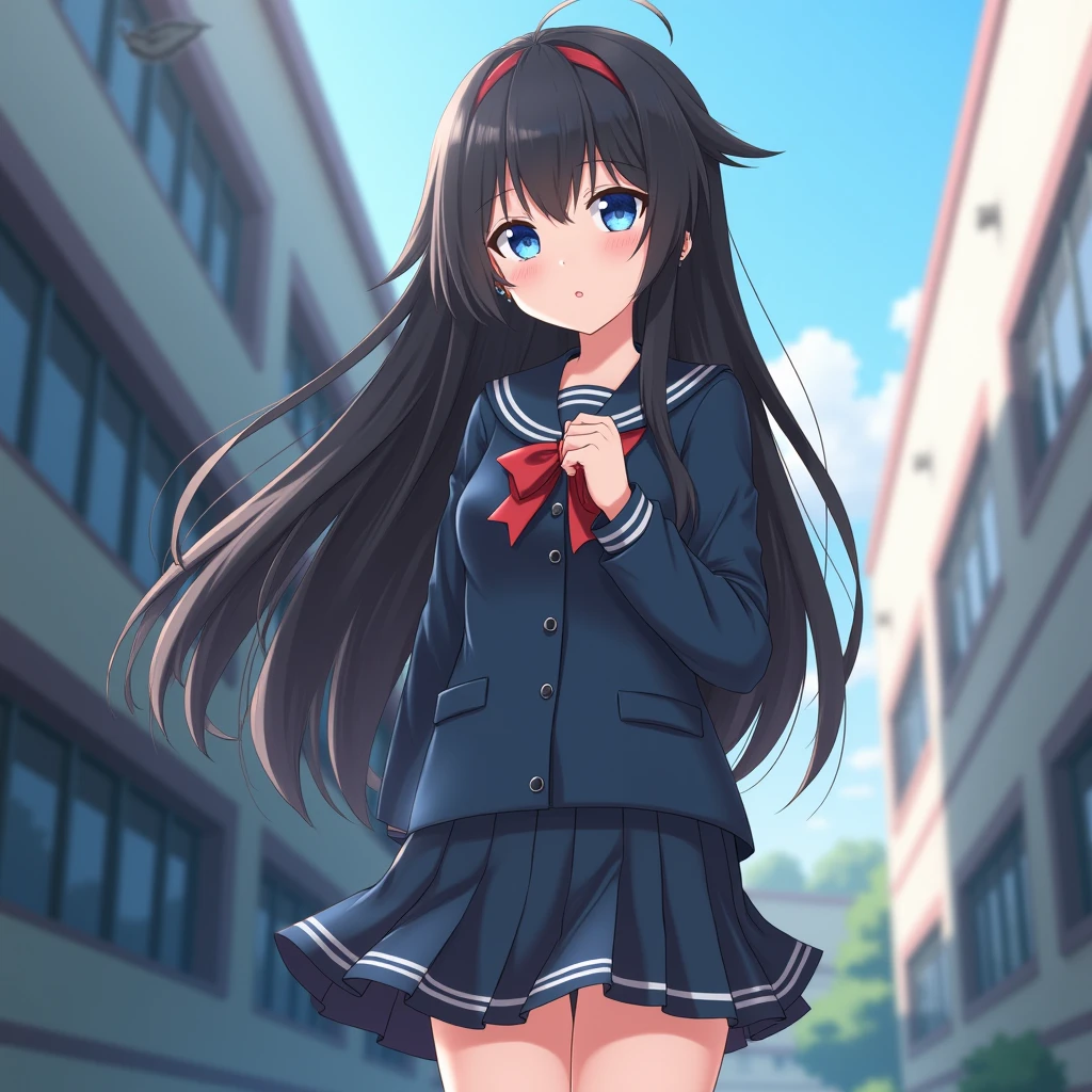 １a  girl､dark haired、Long hair、Ahoge falls on the eyes、Back alley、standing a、Student uniforms、 sock, serafuku, neckerchief, Sailor collar, preated skirt, white sock,  Blue skirt, Half-sleeved, shirts, whiteshirt, Blue sailor color, Blue neckerchief,bangs bangs、Blue Eye、((Red eyeshadow))、cow-boy shot