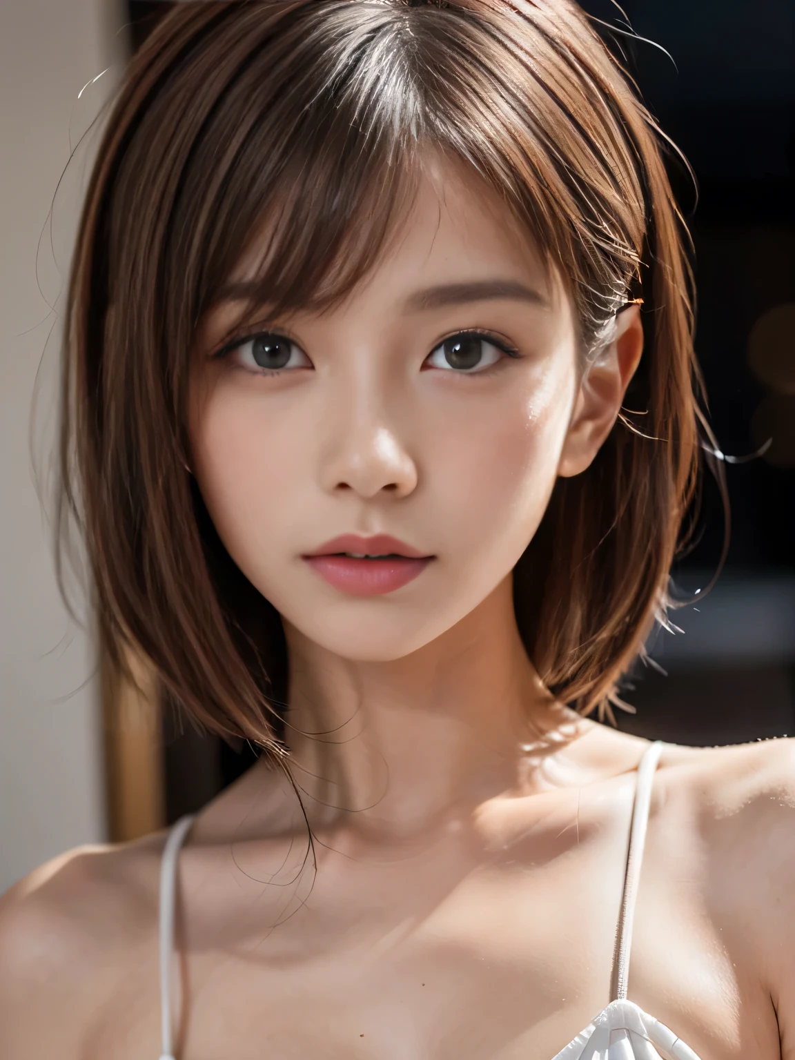 (masterpiece, Super detailed, very detailed, exquisite, 16k, confused), woman, 19 years old, glamorous, (Refreshing breeze:1.4), looking at the viewer, short hair, messy hair, diagonal bangs, brown hair, brown eyes, Upper body, cinematic lighting, Blurry background in focus, inside a stylish cafe, Urban Cafe 