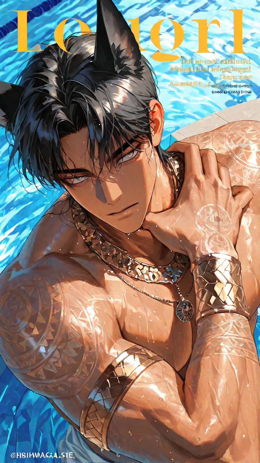 masterpiece,best quality,high quality,extremely detailed,(2male austere handsome one two adult age 30 years old:1.5),(purple eyes, cool with suspended eyes), body strong and fearless 8.5 head tall and 185cm tall,(well-groomed black hair short hair to neck:1.4), (bangs parted in thirds:1.4), (pectoral and rectus abdominis muscles:1.3), slender nose,  muscles, (boxer sea water pants with hibiscus print:1.3), (sitting underwater:1.3), (stylish pose), (background tropical sea:1.3 ) , (Blue Sky: 1.3)