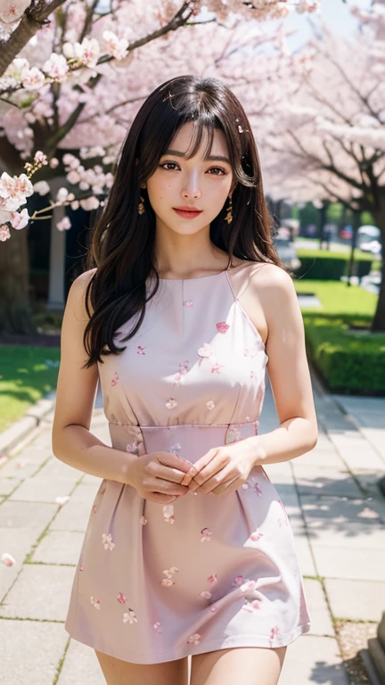 Black hair, grey eyes, pink and white, sakura leafs, vivid colors, white short dress, paint splash, simple background, ray tracing, straight long hair