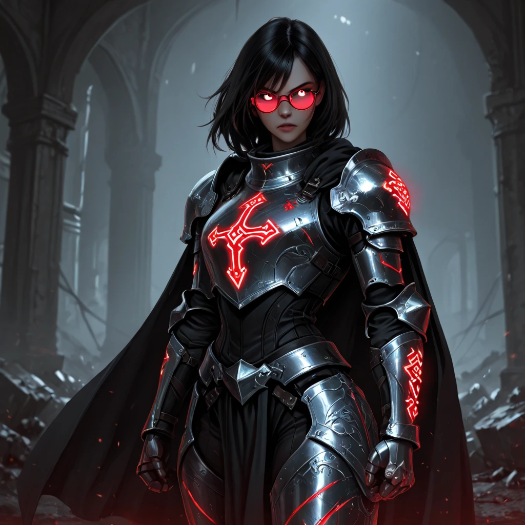 Cardinal, a beautiful woman with (dark skin) wearing a black and red , long sleeves, leggings, mask and visor.  Athletic, , wide . Short curly black hair, batons, utility belt, bracers. Cheerful. Short mini half cape. Confident.