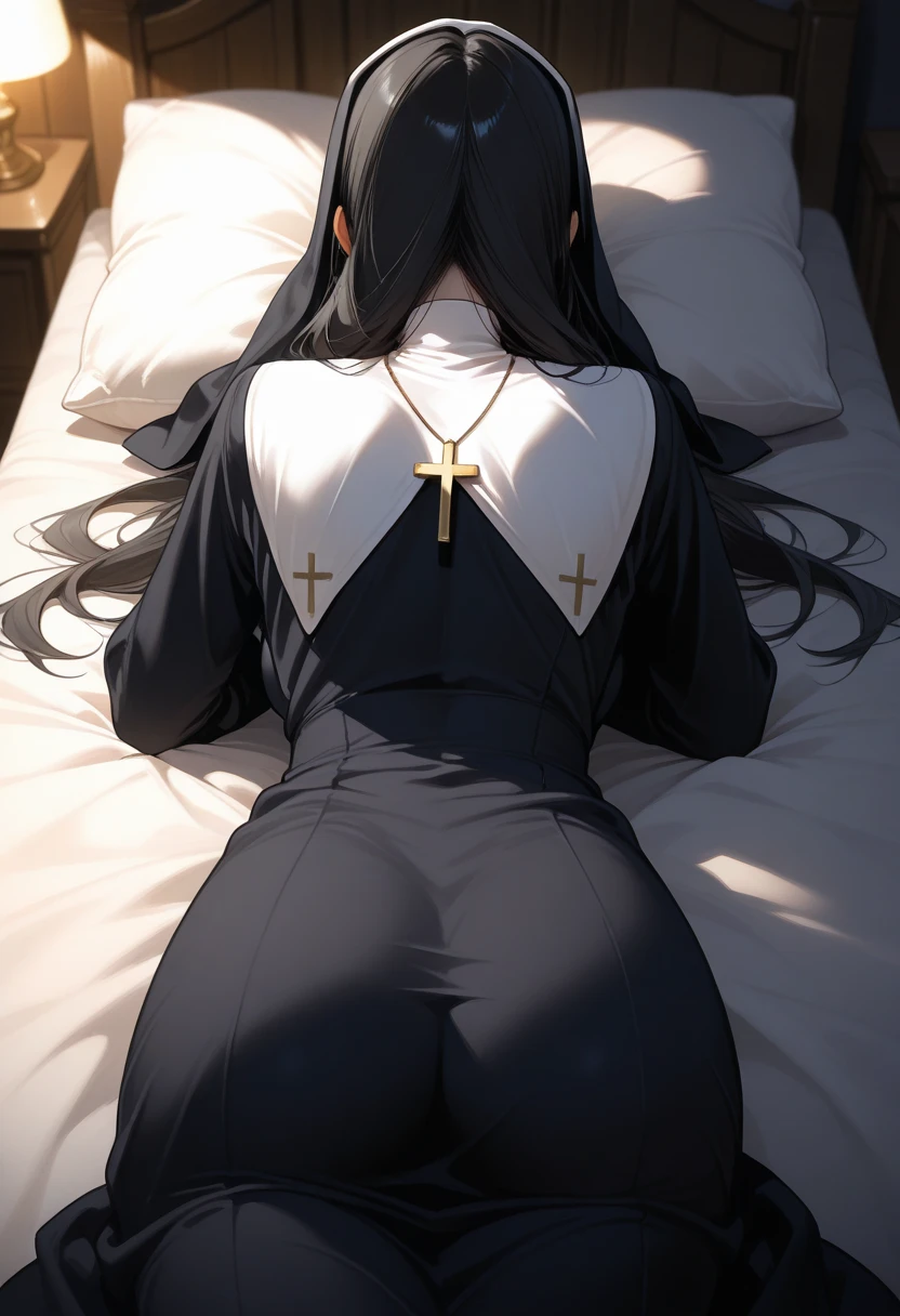 black Nun clothes, huge waist, solo, .butts. focus, on a .bed.,