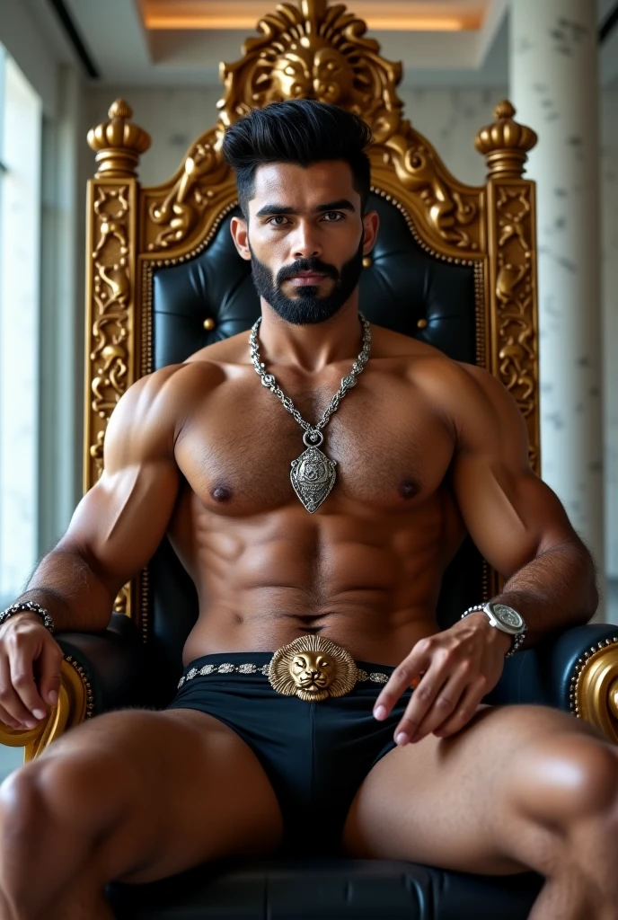 a surreal courtly photography, ultra-detailed, panoramic composition of subject and complete surrounding environment, handsome manly young ??????? christian hogue sitting on a throne, wears rich silks shorts and decorations, a crown on his head, Gold snake pattern tattoo , inspired by Cornelis Engebrechtsz, inspired by Nikolay Nikanorovich Dubovskoy, inspired by John Nelson Battenberg, inspired by Konstantin Westchilov, maximalist art nouveau, modern art nouveau, Artem Demura. Alphonse Mucha. Homem com asas de anjos