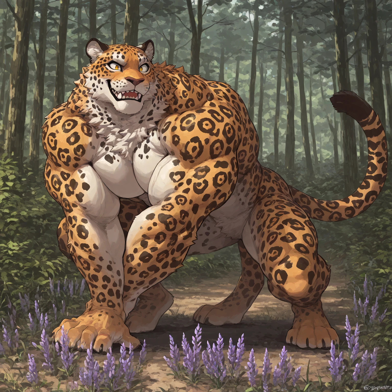 absurdres, ((best quality)), ((masterpiece)), (ultra detailed), perfect face,(sharp eyes),sharp focus, (by null-ghost, by lindong),  (male anthro black panther):1.9, ((black fur)), ((black belly)), sharp eye,ultra-detailed eyes, Beautiful and delicate eyes, (golden eyes), ((fluffy fur, fluffy, furry body)),((long white loincloth), with yellow pattern):0.8, muscular male , (wearing random pattern necklace), smile, (huge bulge), reflection, sexy body, middle-age, strong, looking at view, (((sfw:1.5))), big fellow, (huge body, abs, strong muscle, 8 pack), , tougue out, claw, pink , handsome,  ((leopard fur pattern)), majestic, barbarous, Delicate canine teeth, official art, hairy, male, by the waterfall , full body view