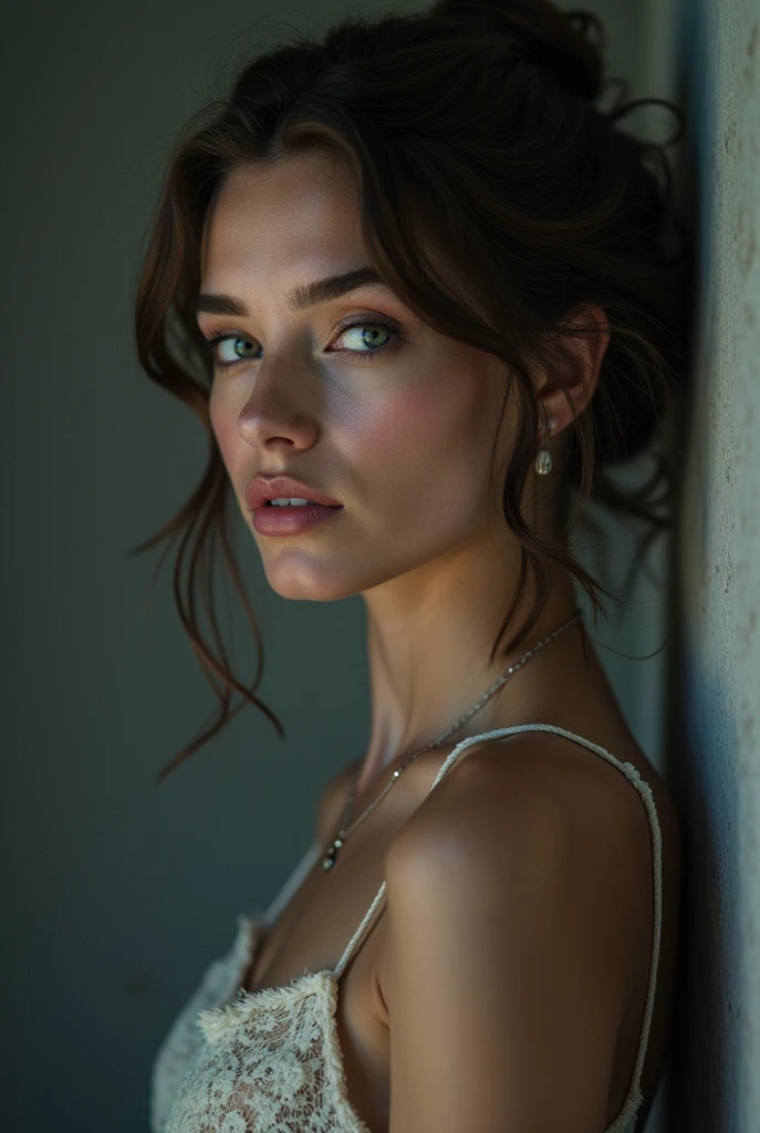 a young female wearing  in front of blue wall, in the style of heatwave, /translucent medium, contemporary vintage photography, lowbrow, poolcore, associated press photo, feminine body, (long shot)Photo taken from a distance, full body, completely , ,