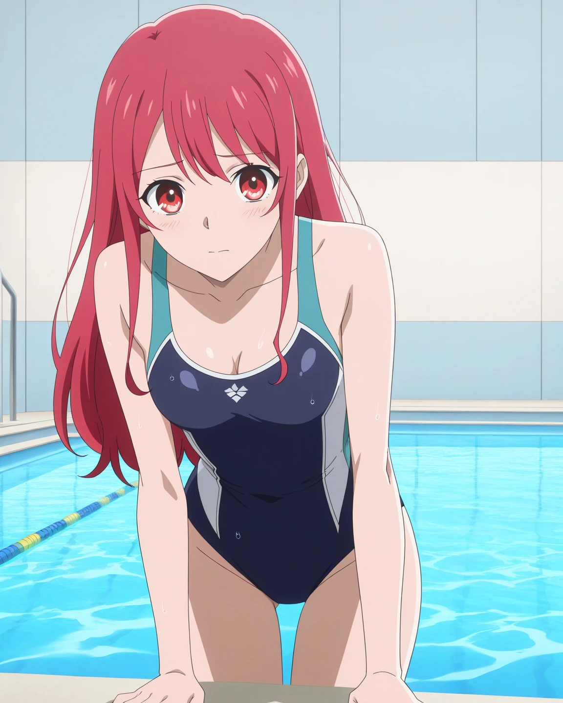 ((Anime Infinite Stratos nfsw Art)), The theme is pool party.  It's daytime.  The setting is a pool club, there are several pools, several people(multiple:1.1) in swimwear nearby, some slides, some pool chairs, some food stores nearby.  The focus of the scene is an 14-year-old girl, very short stature(150cm tall), very messy red hair(long:2.2), beautiful and slightly rounded face, purple eyes(bright:1.9), white redhead skin, tattoo covering the left buttock extending to the left leg, short , flat , thin waist, nice hips(large:2.1), very fat and round ass(large:2.3), round thighs(large:1.2), wears a pink short  , fragile behavior, walking around the scene, fullbody vision(far:1.1), makes the men on the scene crazy with lust.  The atmosphere is fun.  Everyone has fun.