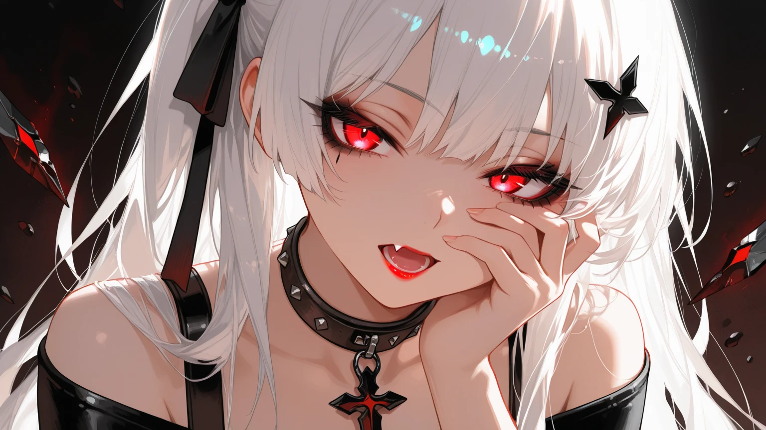 4k anime wallpaper, 4k anime wallpaper, Anime Art Wallpapers 8K, 4K Anime Style, anime art wallpaper 4k, anime art wallpaper 4k, 4k anime wallpaper, Eugeo Art, Detailed digital anime art, ((masterpiece, Highest quality)), (Complex Light), Perfect hands, Hyper Detail, Bright colors.Fantasy manga style demon beautiful girl, silver hair, short, headphones, half wearing dark long the shoulder, black wings, chain, red moon, otherworldly painting.