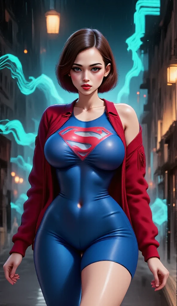 Photo of Supergirl wearing Supergirl costume，A red cloak is draped over his back，morena，with short hair，tan skin，makeup，dark lips，Detailed skin，Detailed eyes，Depth of field，8 K Ultra HD，dslr，dim lighting，High Quality，Film grain，(National Science Foundation:1.8),Clothes wet with water）（Completely transparent plastic top）painterly，morena：1.8，（Wet rain，Rain wet，wet body：1.7），Super detailed face，detailed lips，Detailed eyes，Double eyelidd，???? low-necked dress，Open neckline，Hanging ???????，side pose，visible curve，pool party，pool side，transparent clothes， Muscle-turning legs（（Facing the audience，Stroke the side of your ????? with both hands）），（Sagging ????????????，Attractive body：1.8）