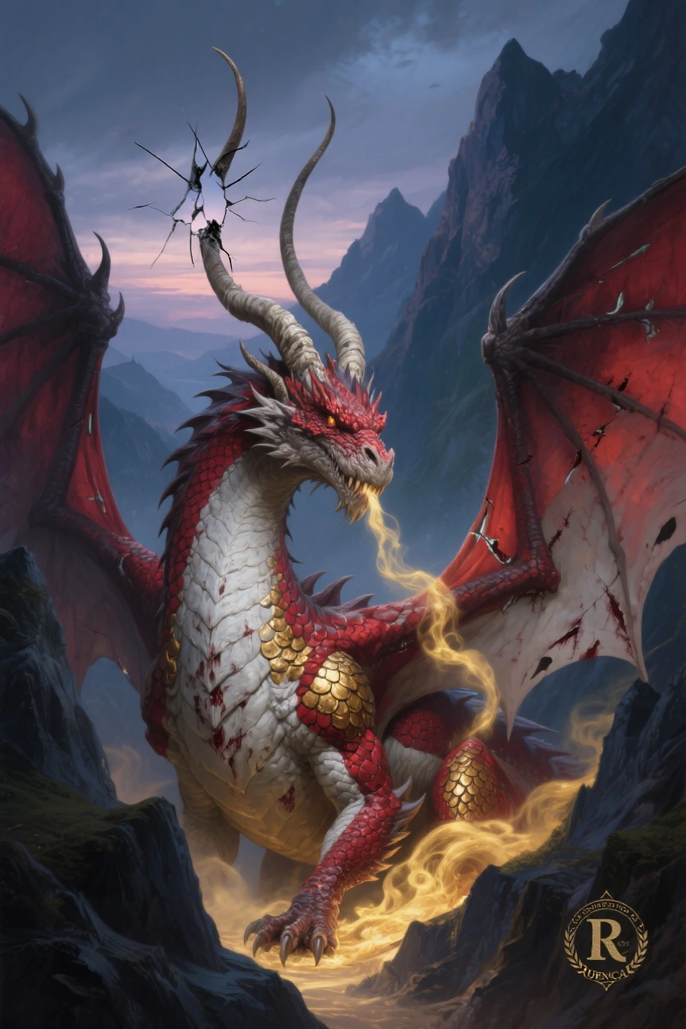 a picture of a red dragon sitting on a massive rock , holding a tea cup (drinking hot tea from a porcelain tea cup: 1.5) (best details, Masterpiece, best quality :1.5), dragon_real cloudy skies background, an epic red dragon (best details, Masterpiece, best quality :1.5) extremely detailed dragon,  horns, dragon_wings, dragon wings wide spread, ultra detailed face,  the tea cup is majestic, with intricate decorations  (best details, Masterpiece, best quality :1.3), steam rising from the tea cup, birds view, sun rays, red divine rays, sun rays reflected in clouds (best details, Masterpiece, best quality :1.5), sense of serenity sense of awe majestic atmosphere, ultra best realistic, best details, best quality, 16k, [ultra detailed], masterpiece, best quality, (extremely detailed), ultra wide shot, photorealism, depth of field, hyper realistic painting,