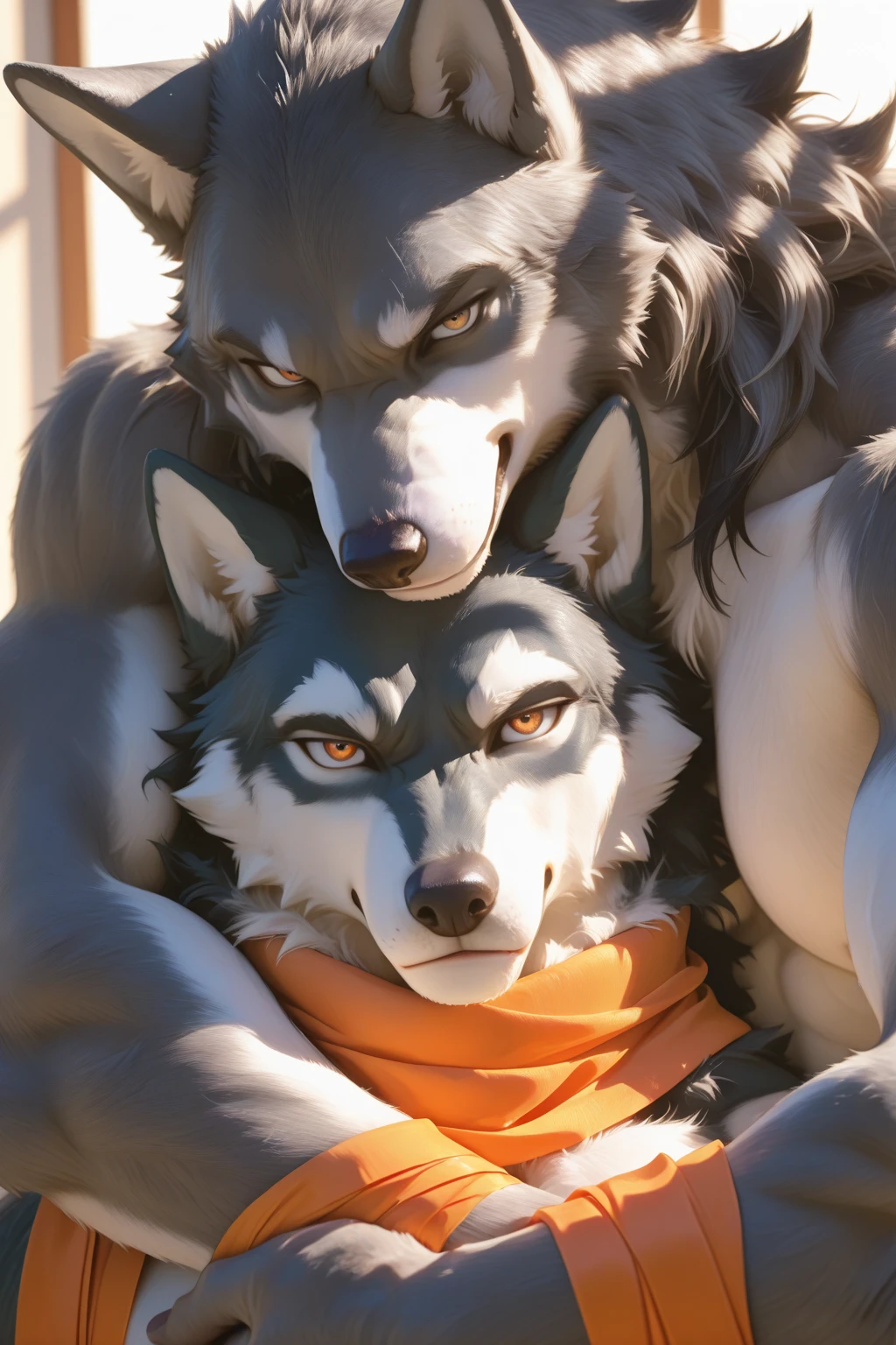 Wolf and Dog、Handsome、Couple、Gay、GayCouple、、Heart symbol、Love love、Messy hair vs. normal hair、Handsomeとかわいい、Muscular and slender、On the bed、kiss、Height difference