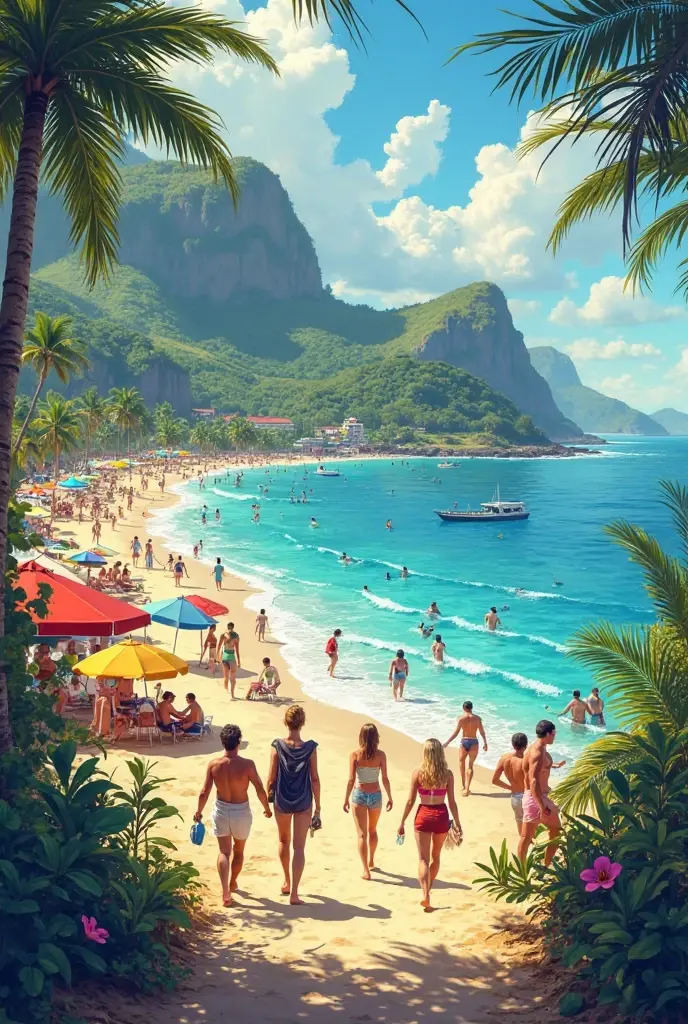 (straight hair+Brazilians: 1.2+dark: 0.9+straight: 1.1), (girl OR woman), big brown eyes, full lips, golden earrings, tropical background, palm trees, sun, beach, bright colors, summer vibes, wearing  bikini, full .  Hang gliding passing in the sky, children  ice cream and wearing light summer clothes with Copacabana palace as a background.