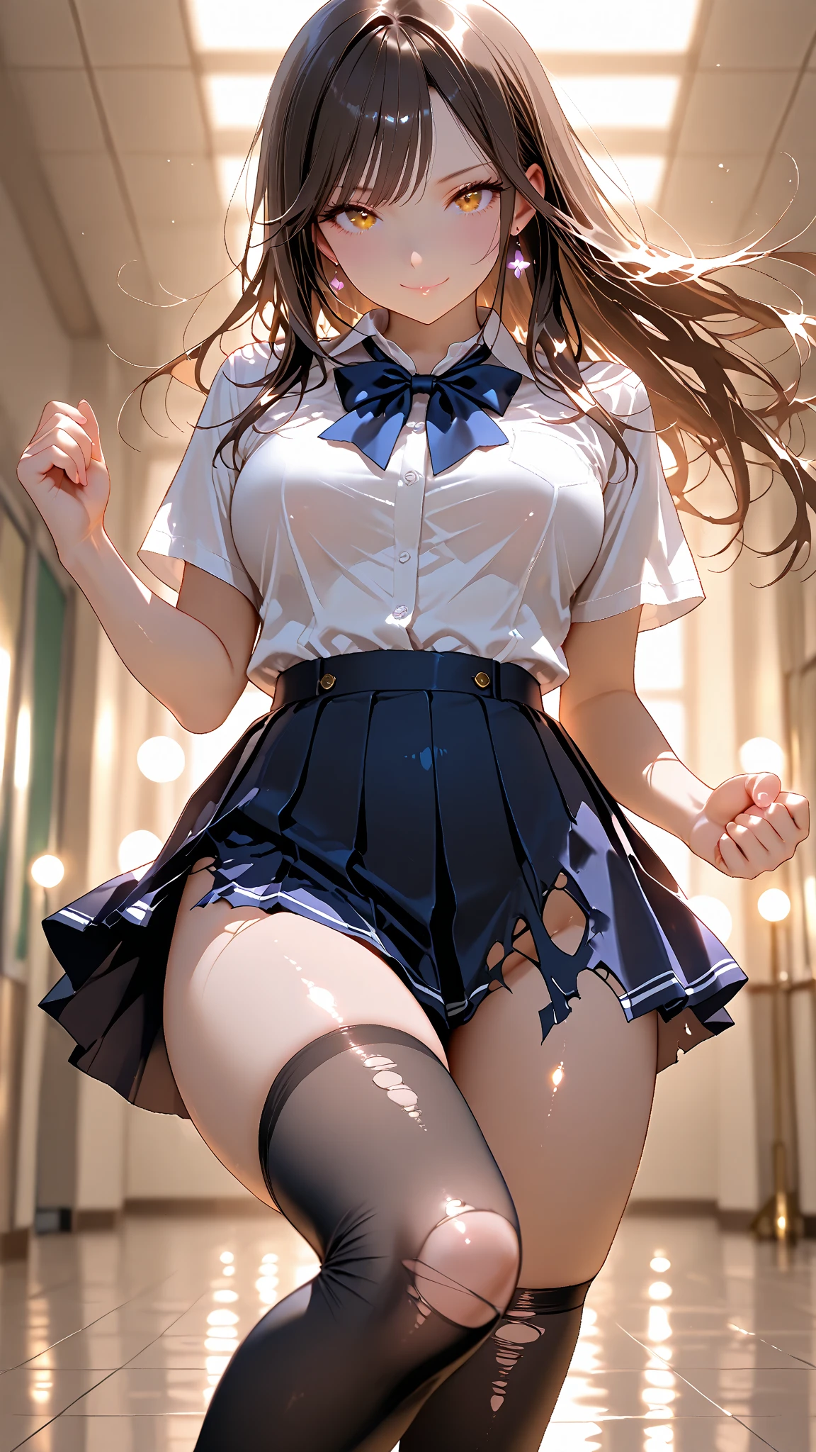 ​masterpiece, 1 beautiful girls, detaileds, top-quality, 超A high resolution, (Realistis: 1.4), Asian Beauty, very extremely beautiful, Slightly younger face, Beautiful skins, slender, (A hyper-realistic), (hight resolution), (8K), (ighly detailed), (The best illustrations), (beautifully detailed eyes), (ultra-detailliert), (wall-paper), (详细的脸), fine detailed, A detailed face、pureerosfaceace_v1、46-point diagonal bangs、(beautidful eyes:1.5）(Photorealsitic:1.5)、 Super Detail, Textured skin, tre anatomically correct、masutepiece(1young girls), (extremely detailed beautiful face), (Best Quality:1.4), Beautiful blue eyes, (High School Uniform, pleatedskirt:1.3), (has extremely )Open Front High School Uniform:1.4), Black hair, depth of fields, School, crass room, (Sheer lace panties:1.5), (View from below:1.5),(Climb the stairs:1.5), Microlingerie, Microlingerie,  micro lingerie, Black lingerie, Transparent lingerie, string , nice , Perfect ,  , Pose, Innocent, Blushing,Uniform that is wet and transparent