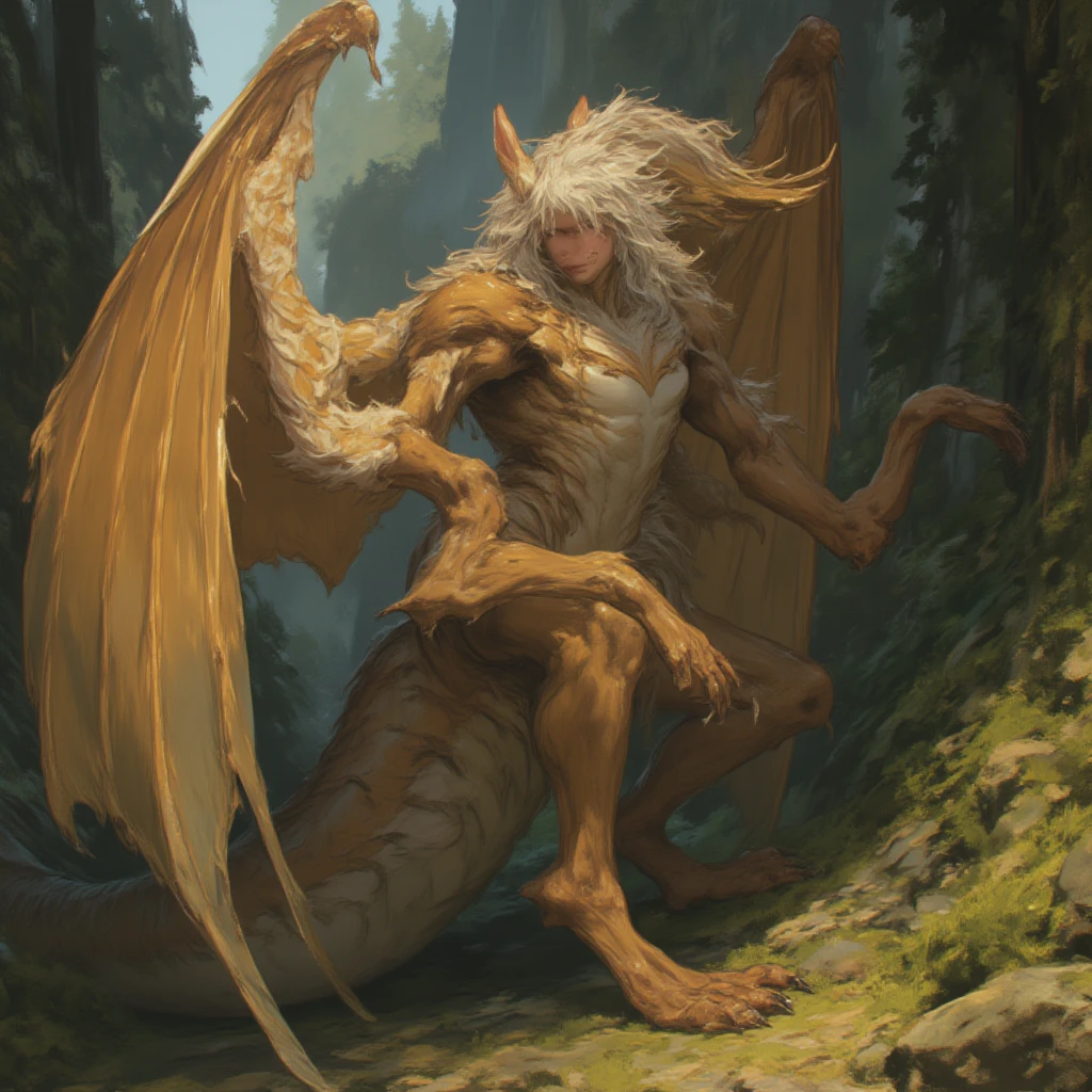 ultra-detailed, masterpiece, masterwork, high quality, best quality, hdr, (nature), , male, solo, dragon, (()), (little white body minotaur), chibi, (long silver hair, yellow eyes), squatting, dynamic angle, (, perfect ), public hair