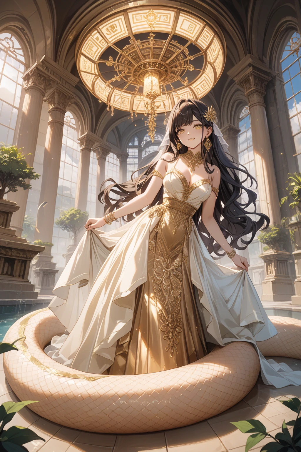 Long chocolate-colored hair,close up,dream world,Baby Lord,long chocolate hair,Messy hair,golden eyes,civilization,sky garden background,grace,Bun and tiara,A wide range of jewelry,(Precious Middle Eastern style long dress),necklace,Her skin is very white, fair complexion,(White long dress,Exotic),barefoot,Gemstone anklets