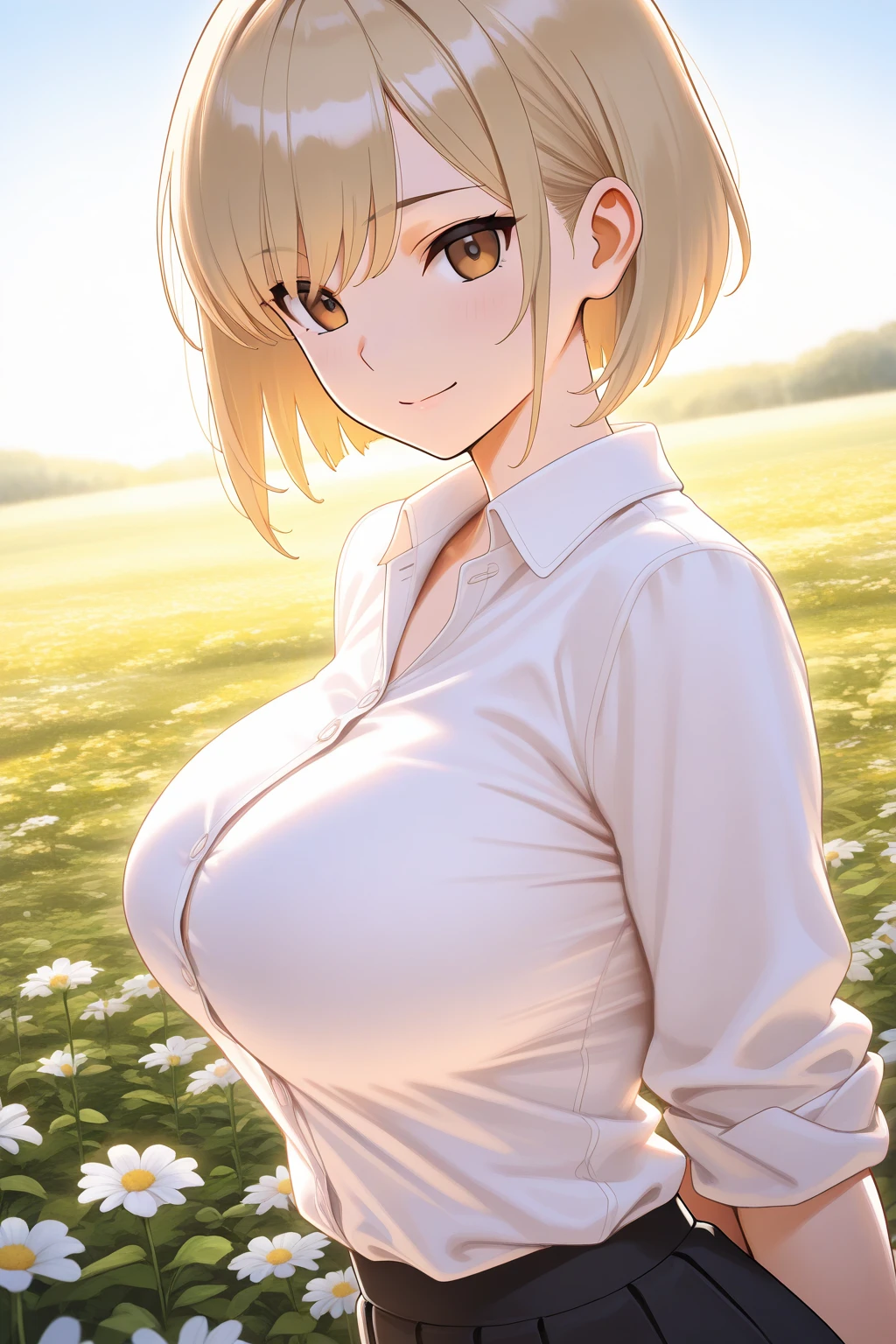 1 girl, solo, best quality, ultra detailed, Blonde, blue eye, detailed eyes, red plaid shirt, short blonde hair, Southern, looking away, from front, portrait, short sleeves, standing, on a farm, flower garden, warm sunlight, blue jeans, large breasts