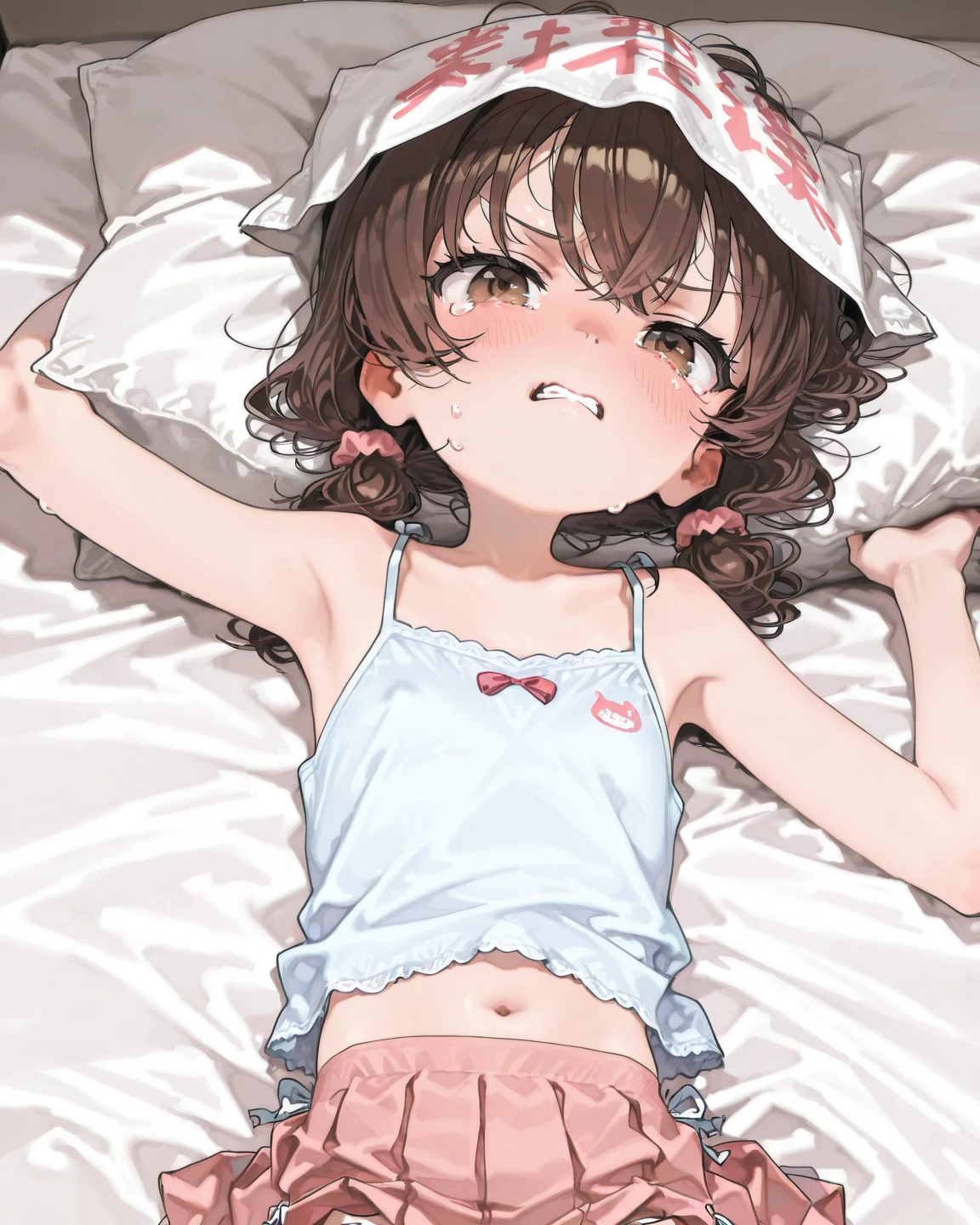 And soul、Stickers、1 beautiful girl、a bit、(((Baby Face、Baby Face、Baby Face、Full body photo、Show inside of mouth、Open your mouth wide and show me your throat)))、blush、Sleep on your back、short hair、White bra