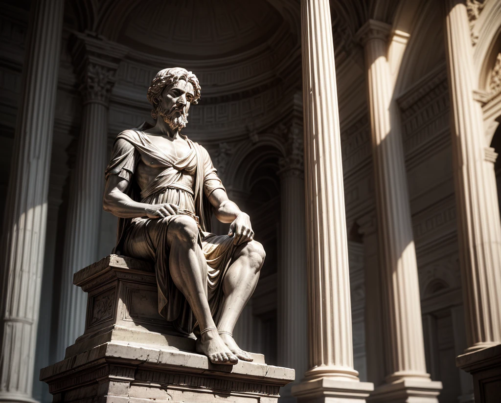 Ancient Greek statue with angry expression, Outside, com rosto extremamente detalhado full body view, Colors with low saturation with dark tone, Filmado em Sony A7S III com Sony FE 35mm f/1.8, 12.1 MP, --AR 3:2 --estilo cru