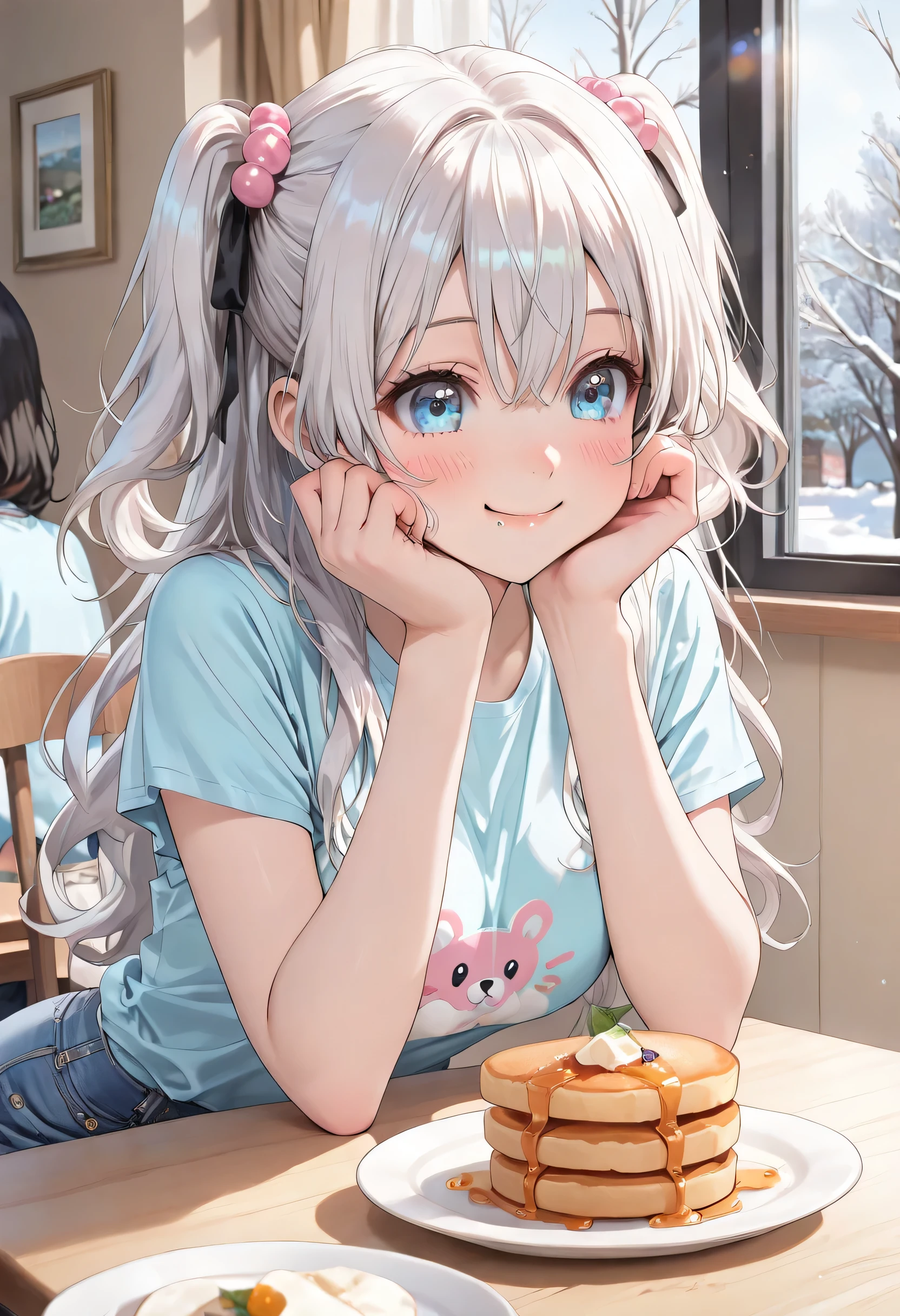 masterpiece、Highest quality、Depth of subject、２D illustration、1 beautiful girl、独奏, (((chibi style)))、((night)), ((window)), ((starry sky)), Long, beautiful hair、Shiny silver hair、cute、Beautifully detailed eyes、((Tank top))、a cute sleeping kitten on chair, ((colorful))、、((happy smile))、((Canned Chuhai)), ((close up shot))、((eating dinner)), ((in the room))、((There's a lot of pink around))、Thighs、((vivid color))、sparkle、((Lens flare))、