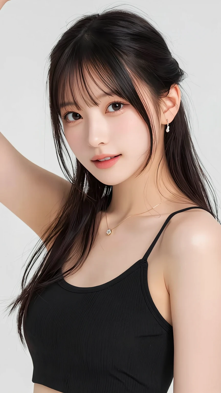 ​masterpiece、top-quality、realisitic、(A hyper-realistic), (illustratio), (hight resolution), (8K), (ighly detailed), (The best illustrations), (beatiful detailed eyes), (top-quality), (ultra-detailliert), (​masterpiece), (wall-paper), (详细的脸), a bed、Upper body close-up,Armpit, （A smile）,Plump,独奏,（Wearing a plummeted  of white silk:1.5）, full of sweat, japanes, large full breasts, (camel's toe)、huge-breasted、Luxury living room、Detailed white teeth、ultimate beauty girl、、（Thick necklace of gold）、perfect teeth、Black hair、Light makeup、Navel、 look、eyes large、abdominals、