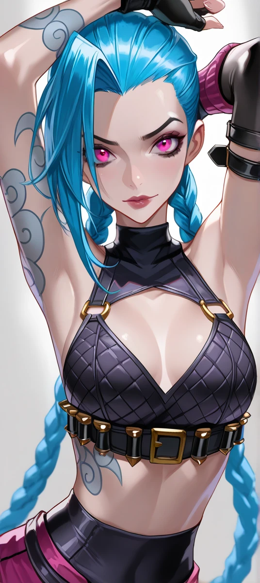 Jinx, having fun，Student clothing，Superskirt，Crop topping，huge tit，Pull your pants open，cute-style，highly rendered，detailed face with，Fleshy thighs