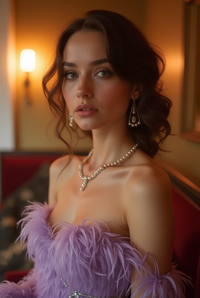 Cinematic portrait photography，An elegant woman in a light purple feather tassel dress，Being in a warm retro salon。Soft amber light shines on her hair and sparkling sequin bandeau，creates a dreamy soft focus effect。The picture is gorgeous and nostalgic artistic，Warm colors，exquisite details。