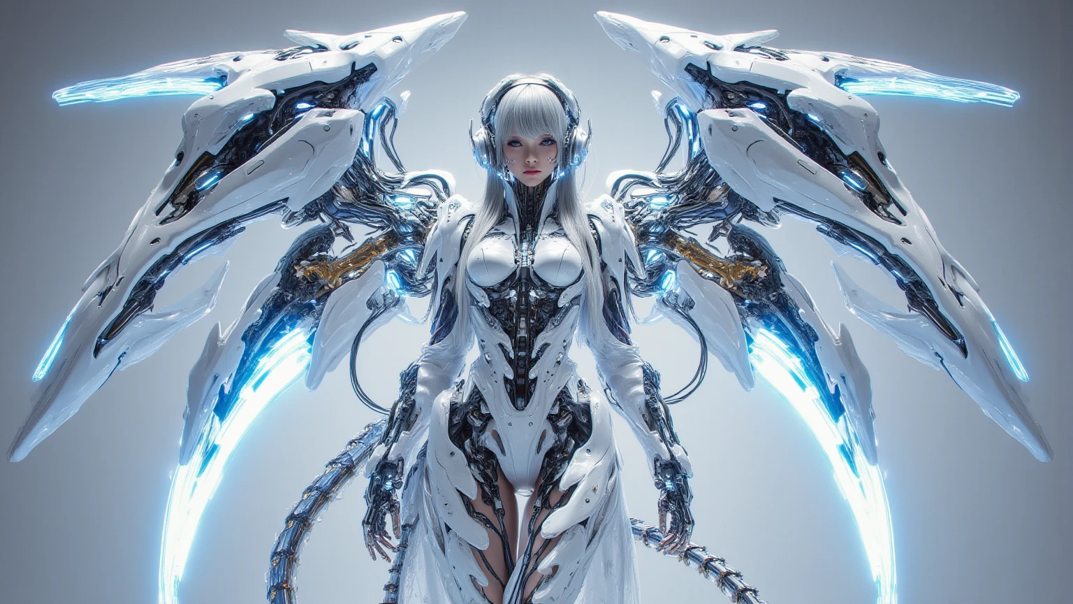 top-quality、​masterpiece、超A high resolution、(Photorealsitic:1.4)、Raw photo、Cyborg Angel、large wings made of metal、White porcelain body、white  hair、glowy skin、1 Cyborg Girl、((super realistic details))、portlate、globalillumination、Shadow、octan render、8K、ultrasharp、character edge light,Colossal tits、Raw skin is  in cleavage、Details of complex ornaments、Acrylic Clear Cover、Detailed hydraulic cylinders from Sumer、Small LED lamp、highly intricate detail、Realistic light、a purple eye、radiant eyes、Facing the camera、neon details、cowboy  shot、Futuristic headgear、About Cyberpunk、、