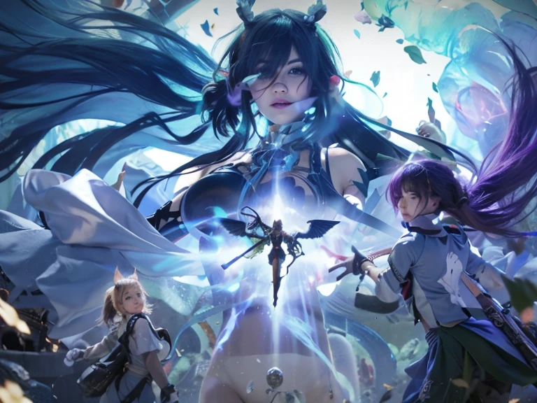 3 characters, 2 men, 1womanl. under a night sky full of stars. At the center, the female character with long red hair and blue eyes, wearing a white blouse with a black corset and brown belts. This character holds a glowing blue sphere above his head with both hands.. On the left a character with dark hair and glasses, wearing a blue coat and wielding a sword that emits dark energy. On the right another character with spiky green hair is casting a spell with glowing green magical energy around his hand. All characters are positioned in front of an ethereal cosmic backdrop that includes a large luminous moon and spiral galaxies. Extremely detaild, 8k, HDR, naturallight, cinematic lighting, masterpiece-anatomy-perfect, ultra HD, RAW photo, metallic, professional, ultra-fine painting, perfect body proportions, anatomically correct, uhd, real texture material, Anti-Aliasing, FKAA, TXAA, SSAO, Post Processing, Post Production, Tone Mapping, CGI, VFX, SFX, hyper maximalist, Volumetric, ultra photorealultra-detailed intricate details.