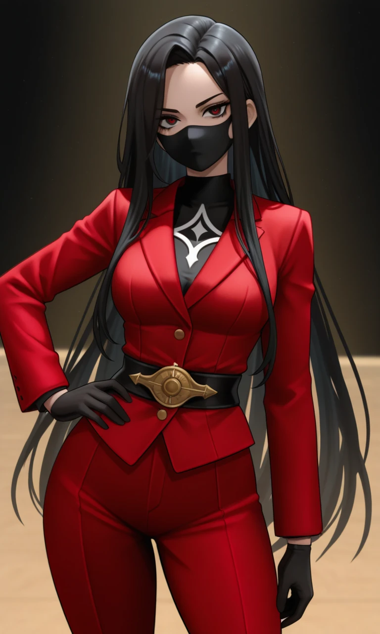 Tall long haired woman wearing black cape and red clothes with arms crossed long tight pants