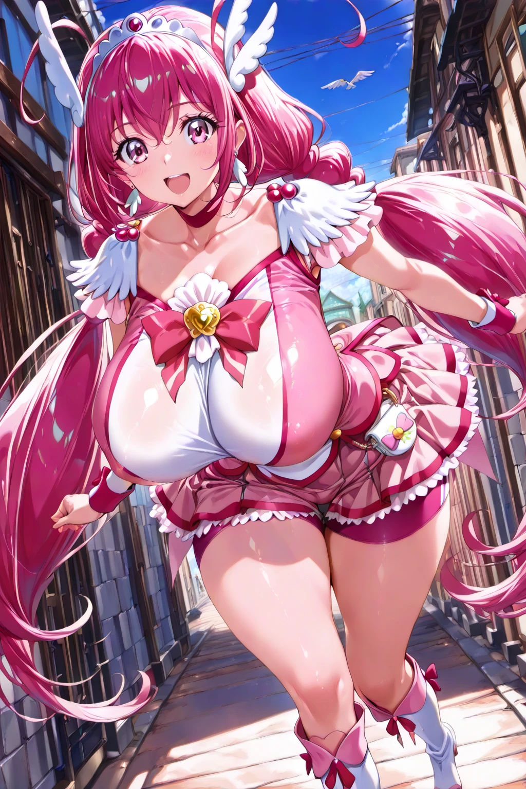 looking at viewer, happy,  rabbit ears, pink hair, prehensile hair, monster girl, best quality, masterpiece, highres, 1girl, solo, mature woman, huge breasts, childish, whimsical 