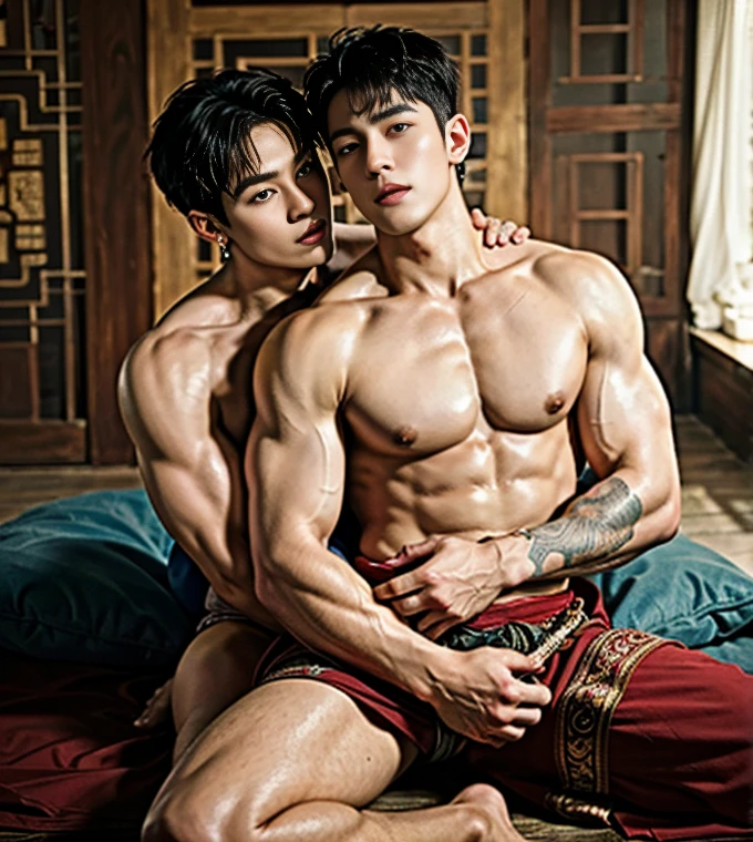 2 Chinese handsome ????? chinese boy smile at each other ,super realistic, romantic, chinese Men God,chinese Mythology, Chinese odyssy, Handsome,, ???????, strong  Muscles Athlete body, top up Frame, ????, Professional Lighting, , Chinese Heaven Background, , ????? Warrior , God of handsome, ?????  Male, , Seduce, ??? Appeals,  Alafard man  ?????   ,, muscular body, handsome,  manly,  inspirite by Zhang Han, Cai Xukun, Kim Do-young, Inspired by Bian Shoumin, Inspired by Xiao Yuncong, yihao ren, yanjun cheng, jinyiwei, inspired by Huang Gongwang, xintong chen, ???? body belt,  string ,  super long big ???? ??????????, correct ???? in good shape ,????????, nice butts, ???? butts, Tattoo ?????,  tattoo hands,  tattoo arms,  tattoo belly, clear studio light, night ancient chinese Buddhism temple background,  detailed background, fantasy Chinese themed, the best resolution, 8k, Ultra fullHD, look at the viewer,  catching eyes, 
