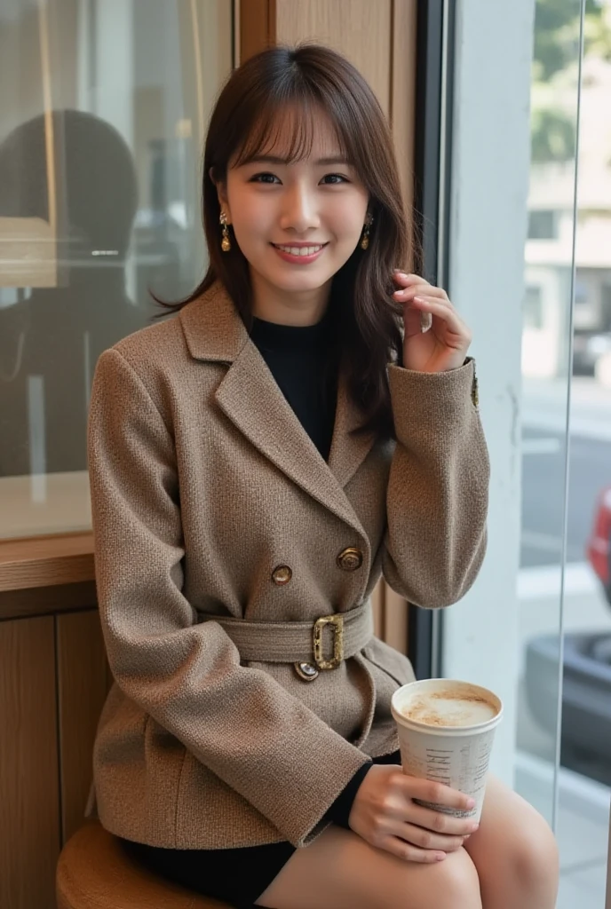 58-year-old woman、(((Wrinkles on the face)))、Laugh、cafes、parka、skirt by the、Colossal tits、Collarless coat