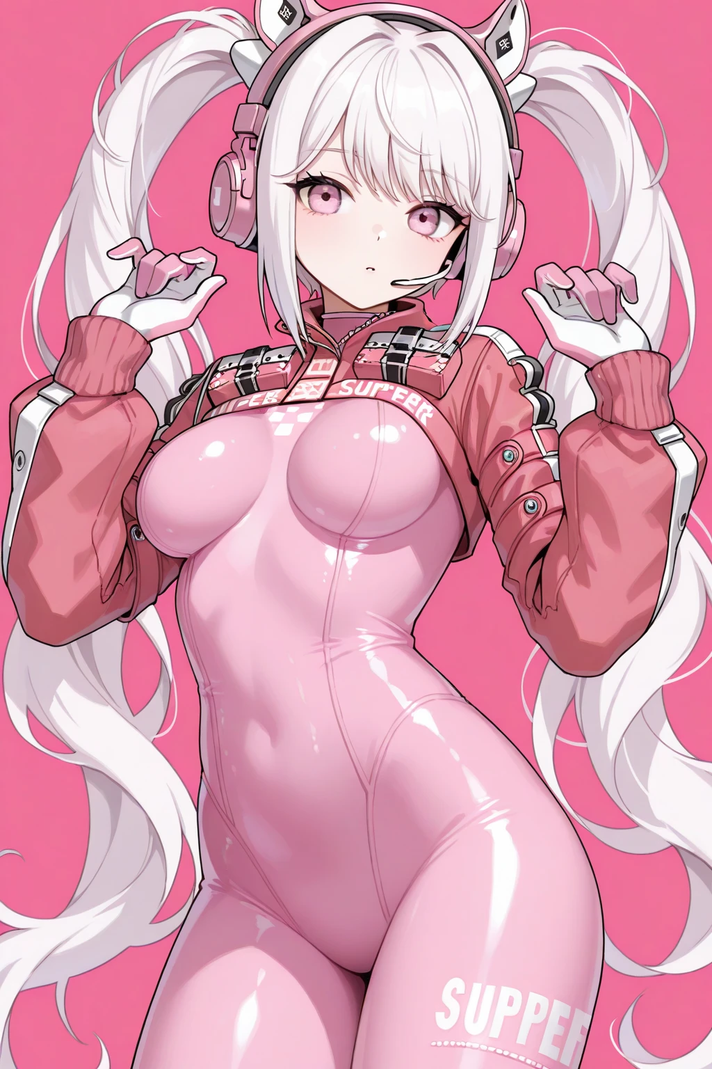 1girl, :d, animal ear headphones, animal ears, hands up, bangs, blush, ????????, ???????, rabbit pose, inscription on clothes, closed navel, cowboy shot, cropped jacket, artificial animal ears, gloves, gray background, hairstyles, headphones, impossible ????????, impossible clothes, jacket, latex ????????, long hair, long sleeves, look at the viewer, ??????????????, multicolored gloves, pink ????????, pink eyes, red eyes,  red jacket, shiny clothes, shrug \(clothes\), side strands, simple background, tight leather, smile, solo, ????, twintails, very long hair, white gloves, white hair, Alice \(Nikke\),(masterpiece:1.4),(Best quality:1.4),(shiny skin),realistic,