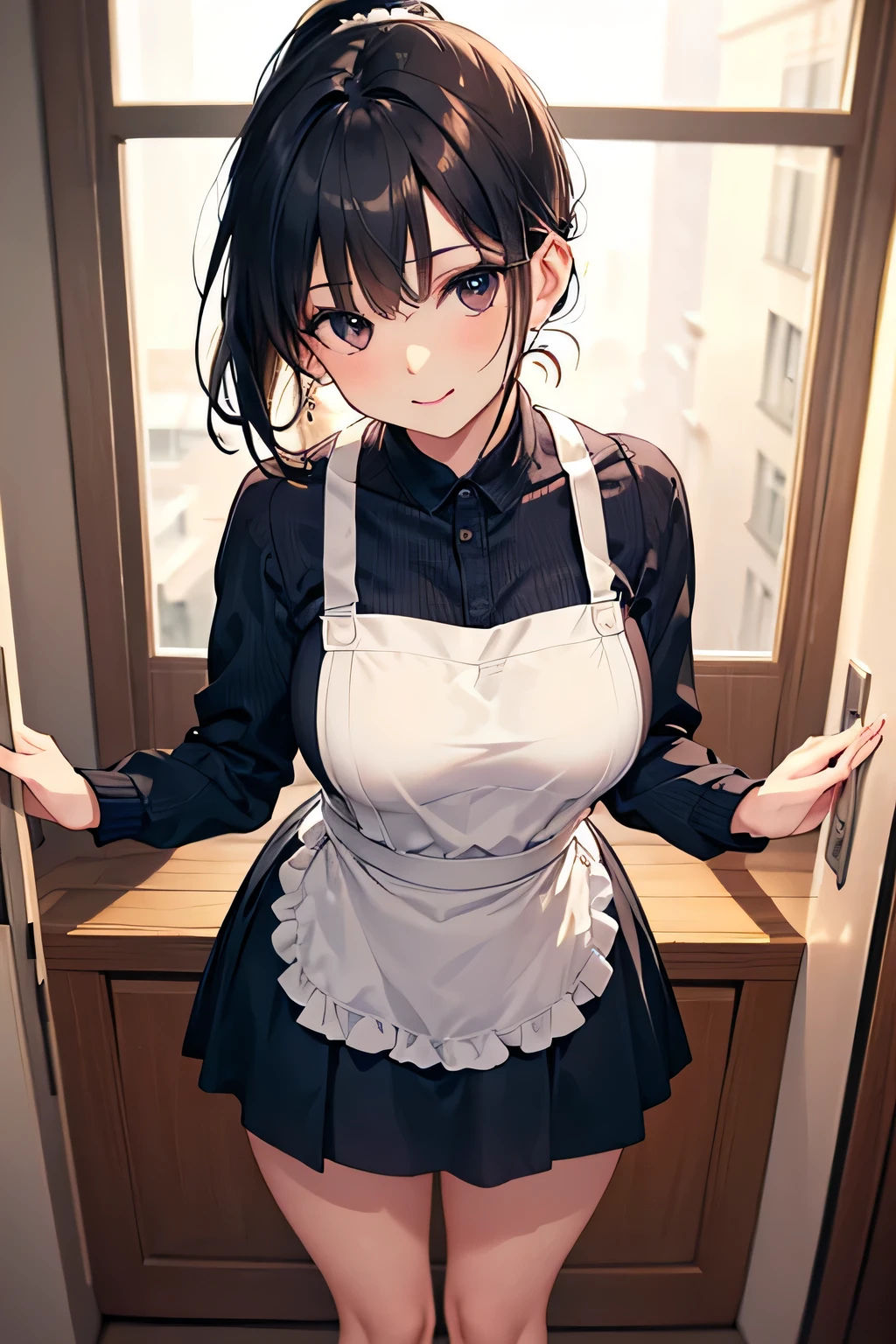 4K，One Girl, MS. end，thin，Very short stature，非常にthin太もも，Blunt bangs，Short dress shirt, Half sleeves，Red Suspender ，blush, smile, Bobcut, Black Hair，Vibrant colors, ，A lot of  drips down her thighs onto the floor，(remote_play))，remote-vibrating-egg，((Someone else's hand holding a pink round remote control:1.3))、Ecstatic expression，Accurate and detailed female fingers，
