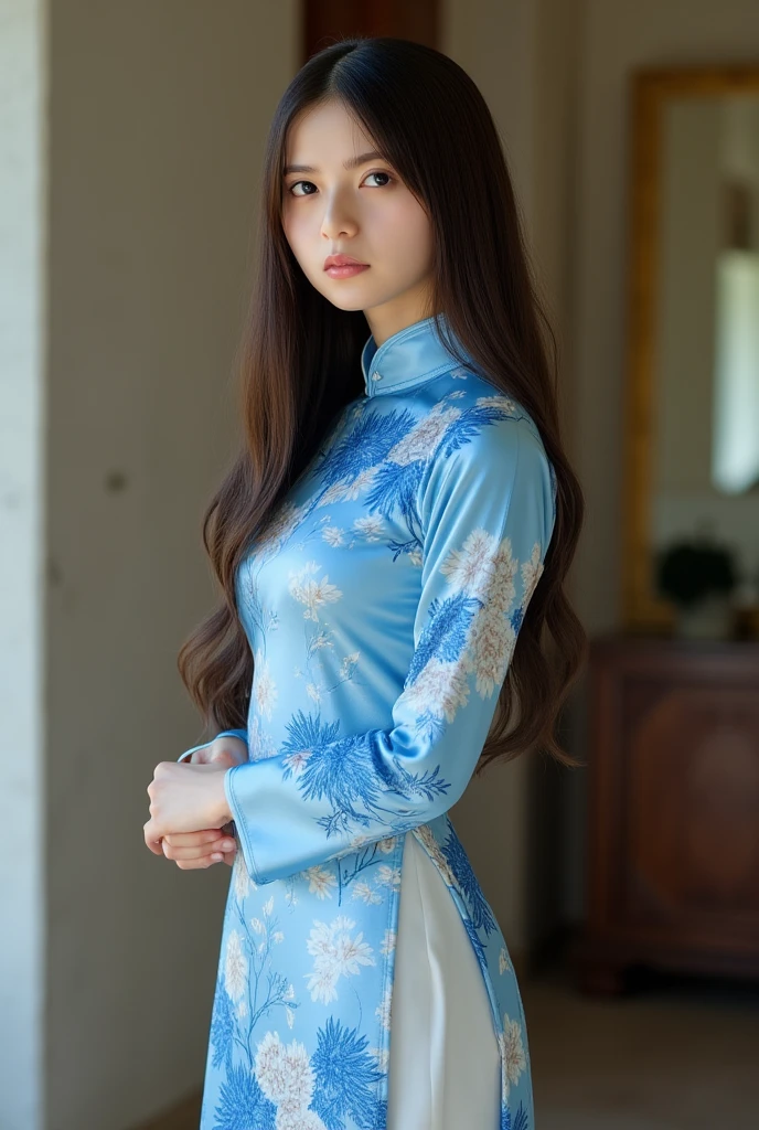 Top-quality Realistic,Official art,Highly detailed CG Unity 8k wallpaper,ultra-detailliert,hight resolution,Physically-based rendering,Magnificat,finely detail,masterpiece,Best Quality,ultra detailed,Mature beauty,Beautiful women,1girl,moist lips,sexy lips,Sexy smile,Gentle smile, 20 years old, Beautiful ,Smooth , big well-shaped breasts, beautiful cleavage,beautiful Mature body,swept bangs,(Medium hair:1.3), beautiful detailed eyes,model shoot style,Japanese Idol,Half-body,((Sunflower blooming field)),BREAK, ((Light blue Ao dai:1.3)),(vietnamese national costume),Standing model pose,Delicately expressed eyes,cute smile,shoot from front,A lot of Sunflower are blooming,walking Sunflower street,