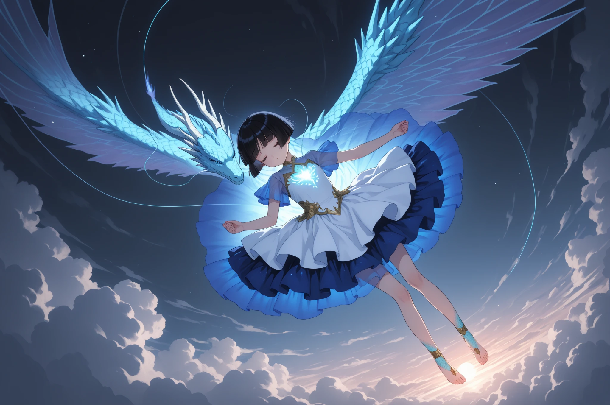 best quality, masterpiece, ultra resolution, super details, anatomically correct, 1 girl, solo, junior child, (black hair:1.2), high quality eyes, high quality hands, (clear deep blue eyes:1.3), (medium hair), loose hair, no hair ornaments, white dress with pink band, (white caplet:1.3), (large collar bow:1.3), long sleeves, (wide cuffs:1.3), pink obi, (long skirt:1.4), (white soft ankle boots:1.2), (huge swallowtail butterfly wings:1.3), (wings of colorful light:1.3), spreading wings, (levitating), legs together, supplicating in the storm, staring eyes, calling for someone, sadly expression, one hand reaching forward, above a town, visible wind streams, high quality background, depth of field