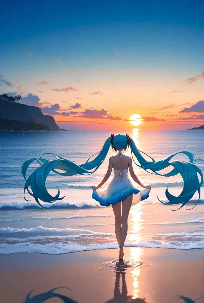 With the sun setting in the background、Please draw a close-up of Hatsune Miku walking on the beach。Her clear blue hair fluttering in the wind、The futuristic outfit stands out。The expression is free and bright、Looking forward with eyes full of dreams。Surrounded by soft sand、It's a scene where you can feel the sound of the waves gently lapping on the shore.。