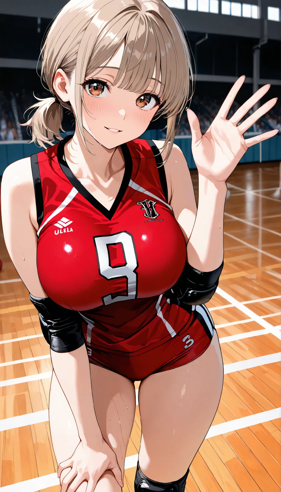 unity 8k wallpaper, anatomically correct, (((masterpiece))), (((best quality))), (((ultra detailed))), (((high-resolution))), ((Ultimate cutie)), perfect hands, perfect finger, (((good ))), detailed beautiful face, shiny hair, (((gyaru))), (potbelly), (curvy), medium breasts, ((Thick thighs)), (((solo))), (( smile)), (((blush))), 
BREAK, (((sit astride the perfectly spherical shape 6-inch volleyball))), (((Straddling a perfectly spherical 6" volleyball))), (((Perfectly spherical 6" volleyball fits perfectly crotch))), BREAK, (((Rub the  Perfectly spherical 6" volleyball against crotch))), 
BREAK, (Collared volleyball uniforms), sleeveless, ((buruma)), ((kneepad)),  stained, (elbow pad), (((sweat))), (((covered in sweat))), ((deep breathing)), in Volleyball Court, indoor, lighting,  looking at viewer, full body, (spoken heart)