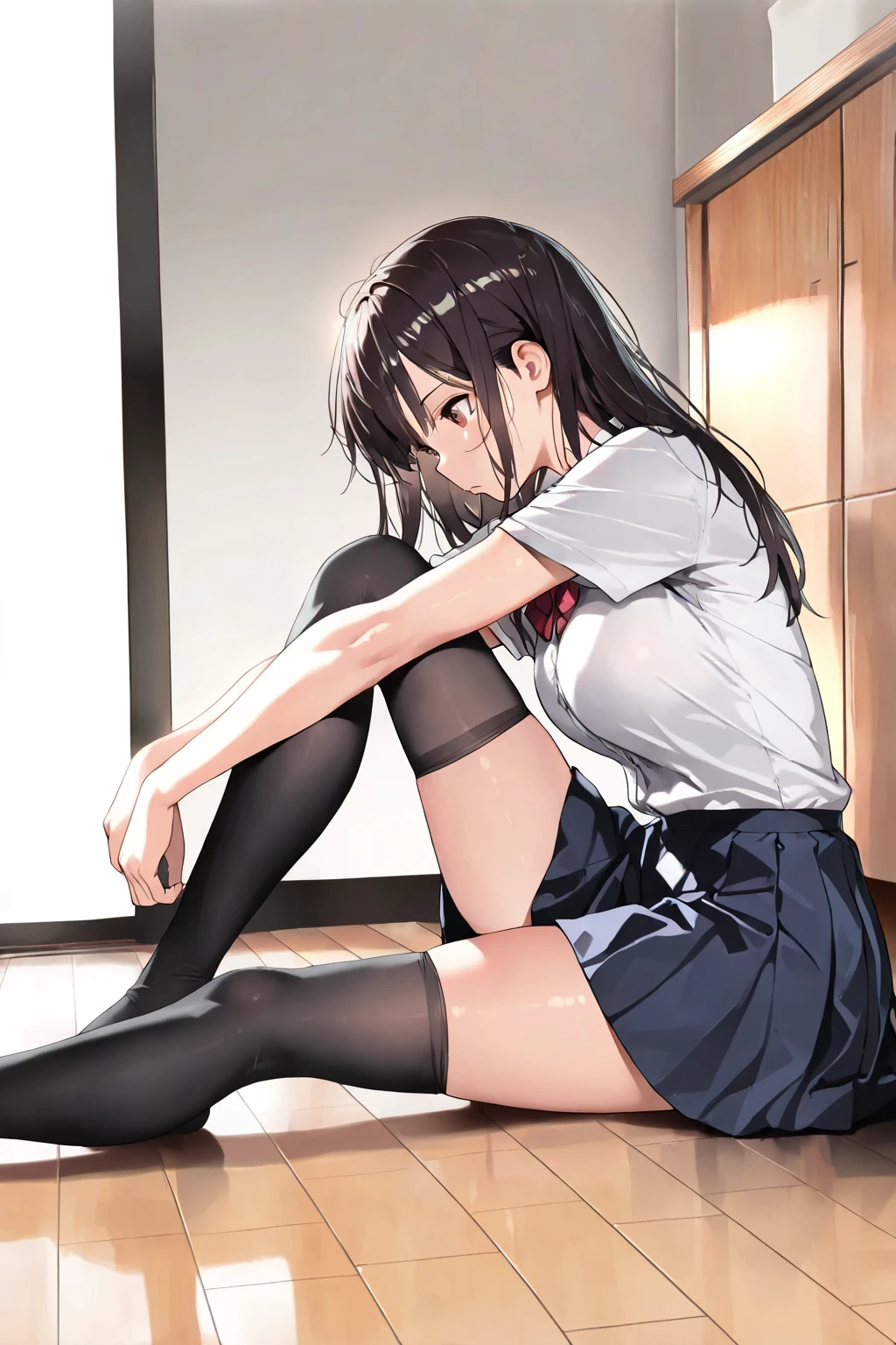 best quality, (masterpiece), ultra-detailed, (high resolution:1.1), (bold line), (sharp line), 1girl, school uniform, long tie, annoyed, (embassed), perfect face, beautiful face, in class, buttoned white shirt, brown hair|brunette hair, black stockings, tied hair, medium long hair, dynamic angle, (text )