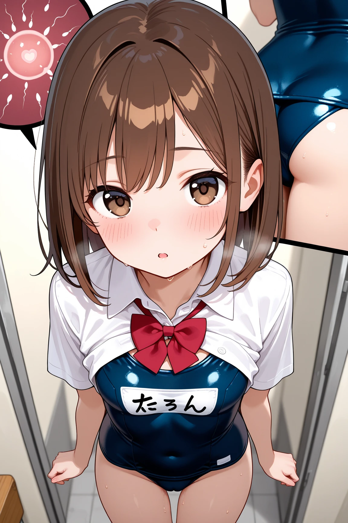 masterpiece, Highest quality, Nico_Yazawa,High resolution, 1 Girl, alone, Brown Hair, short hair, Twin tails、Purple eyes,  , , (Cleavage)、(Beautiful thighs), Carrying a red backpack, (randoseru backpack:1.2) Sweaty、Thick thighs、Highest quality、4K、1girl, 8years old, , cute, grin, 、School Swimsuit、on the train、、、Thick thighs、Men holding their  and surrounding girls、 from the 、、、（）projectile 、、Lots of spectators、、low length、