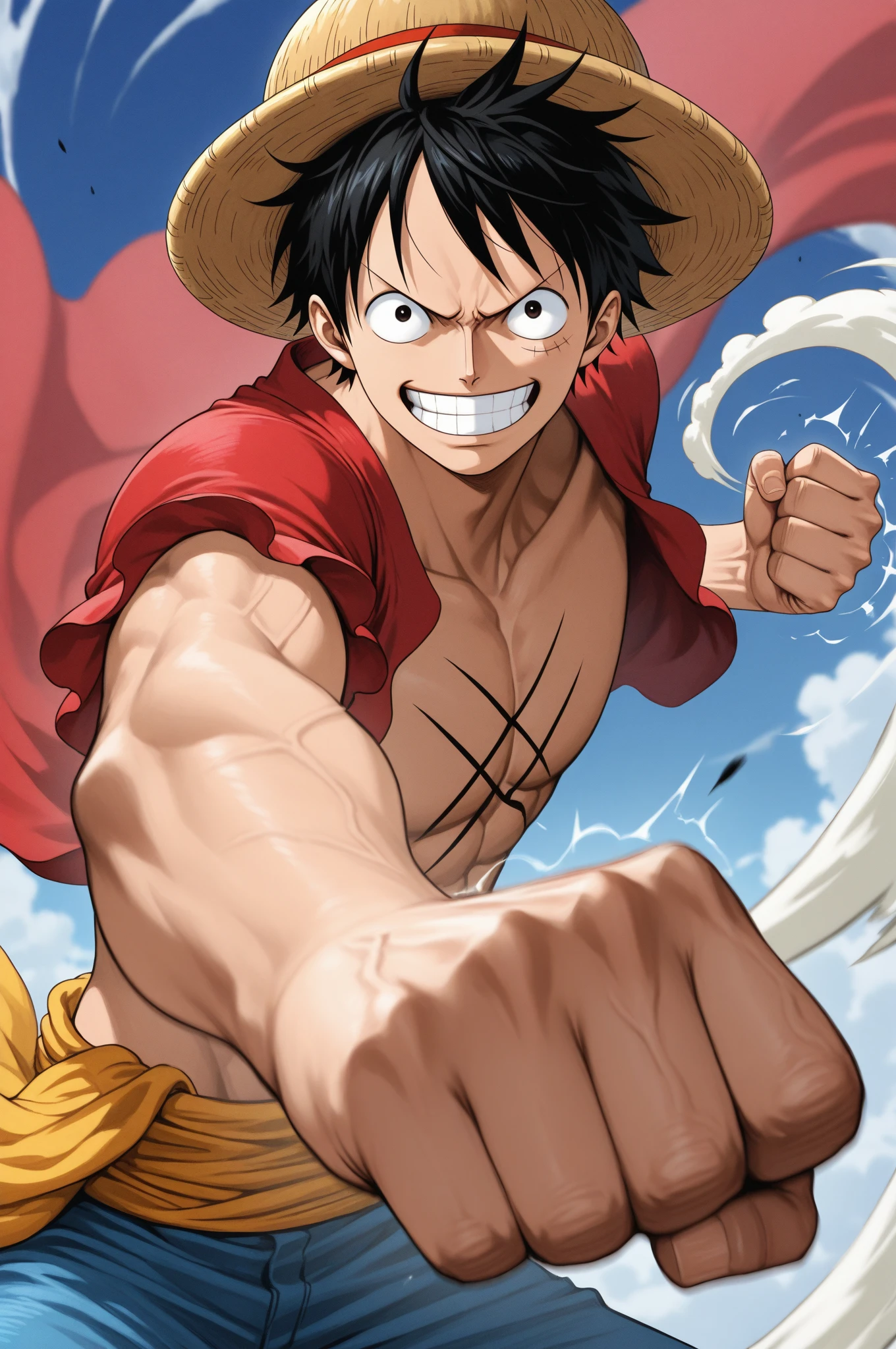 A hyper-realistic live-action depiction of Monkey D. Luffy from One Piece, in the middle of performing his iconic "Gomu Gomu no Pistol" attack. Luffy is in his signature straw hat, red vest, blue shorts, and sandals. His rubber arm is stretched back, ready to punch forward with incredible force. The background features a vibrant, action-packed pirate setting with detailed ships, ocean waves, and a dramatic sky. The scene captures the intensity and determination in Luffy's eyes as he executes his attack.
