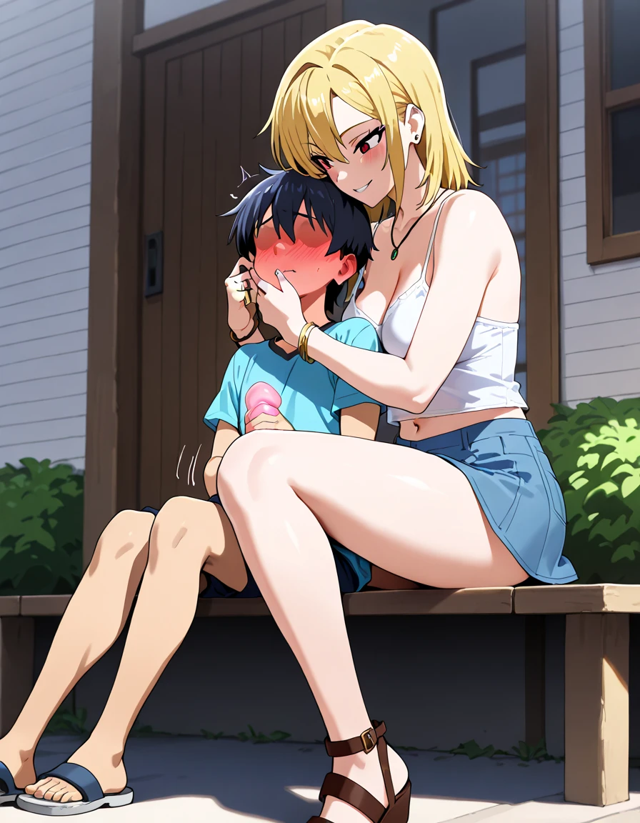 score_9, score_8_up, source_anime, standing, hellsing, seras, blonde hair, , park, outdoors, sky, vampire, smirk, fangs, ikuchan, balcony, muscular male, large breasts, husband and wife, family, looking at viewer, smiling, light skinned male, standing side by side, standing, 1girl, smug, happy family ((size difference)), tall male, ((worship)), ((light skinned male))), gown, dress, navel, short dress, red dress, , ((size difference)), , ((family)), wholesome, sfw, raing:safe, ((large male)), black haired male, solo focus, choker, solo focus, 2boys, 1girl, trio, mature male, 