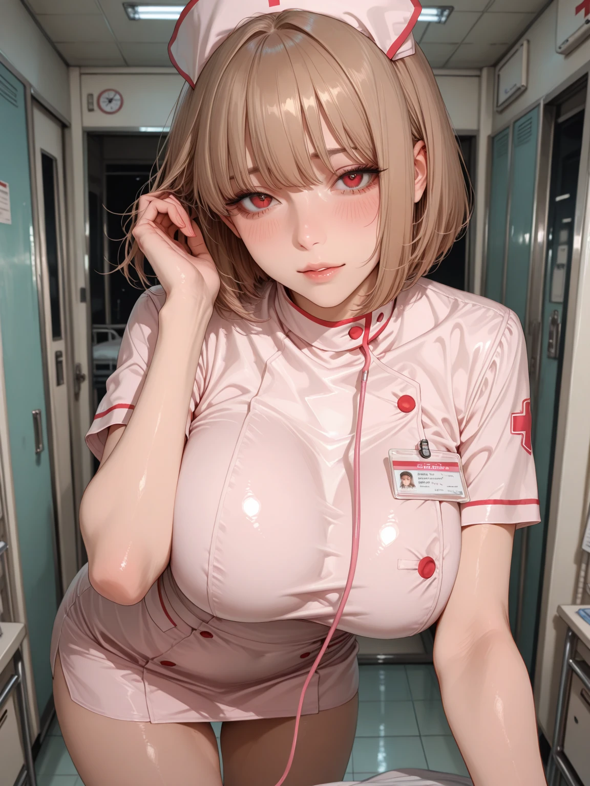 ((Nurse Costume:1.4))、Hospital room、Bedside、Peek into、smile、1 girl、Bob Hair、Brown Hair、Medium breast、Cleavage、mini skirt、Black Stockings、Holding the syringe、
