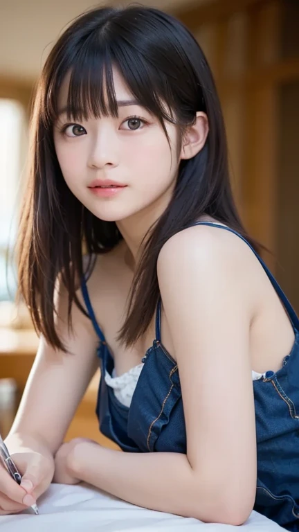 masterpiece, 8K, photoRealistic, Optimal ratio, Detailed face, Realistic, (Realisticな、Photorealistic:1.37)、Shapely bust, Slender body,  (One Girl:1.4)、(), (), on bed, 　Detailed and beautiful hair, Fine skin, RAW Color Art, Diffused and soft lighting, Sharp focus, Cinema Lighting、smile、sweating、、、8-year-old、The Beauty of Japan、Medium-Long Hair Styles、（Blonde）、（Twin tails）、Detailed and beautiful hair, Fine skin、Blur the background