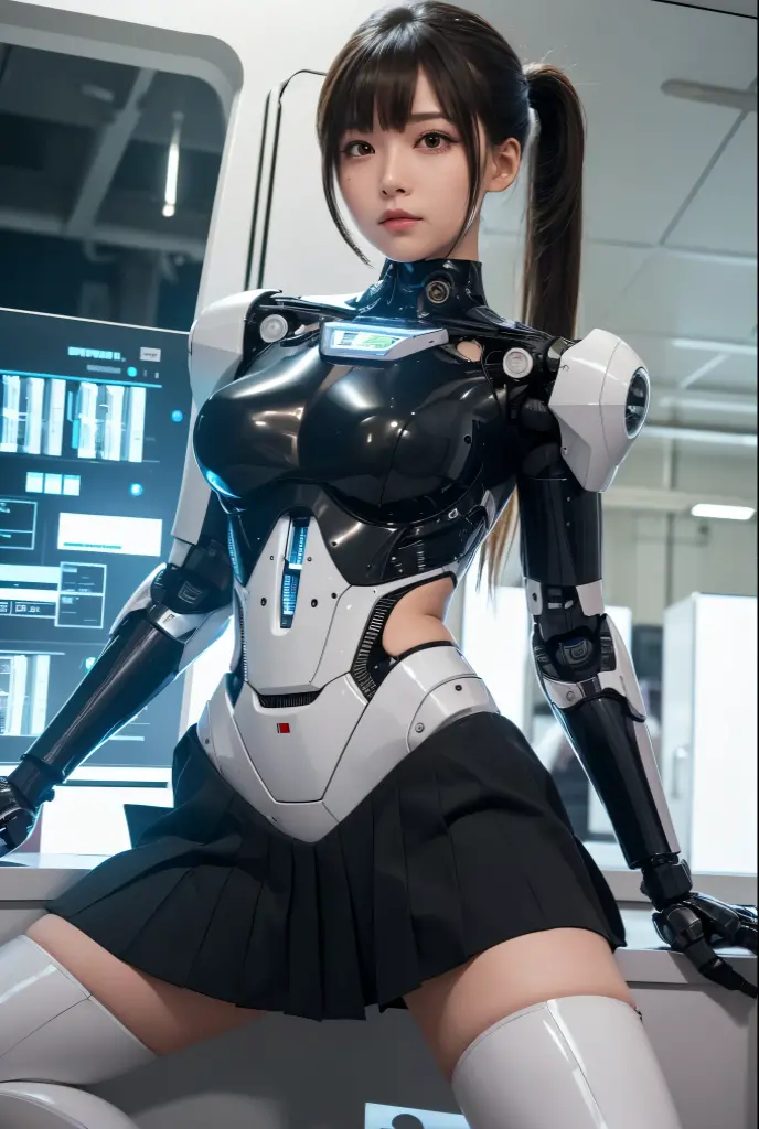 Best quality、silber hair、beautiful and plump、a 20 yo woman、light shine、white apparel、cyborg body、fuselage、Moving parts details、Detailed skeleton、（Covering the body of mechanical parts）、human eyes、Well-proportioned face、Beautiful shape、Use tight clothing to cover the abdomen from above、mirai、Nice face, The beautiful、（Human-machine integration）、cyber punk personage