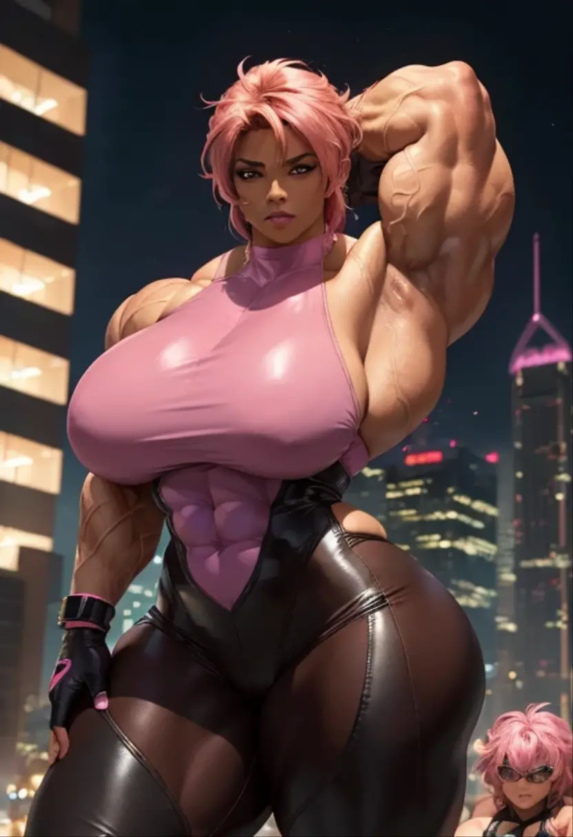 ((((Massive tall, beautiful, buff, brown skinned muscular woman with shocking pink hair, tattooed body adorned with intricate designs, ginormous bulky muscles, and wearing a beautiful silk black halter top with black pants)))), ((close view)), massive muscle, massive biceps, hyper muscle shoulders, ((massive muscle arms)) vascular shoulders, hyper muscle triceps, (angled bob cut), red eyes, ((tattooed body adorned with intricate designs)), choker, (pants), high heel boots, (in a crowded Tokyo street), confident smile, night, hyper vascular arm, hyper muscles arms, hyper muscle legs, (massive arms).